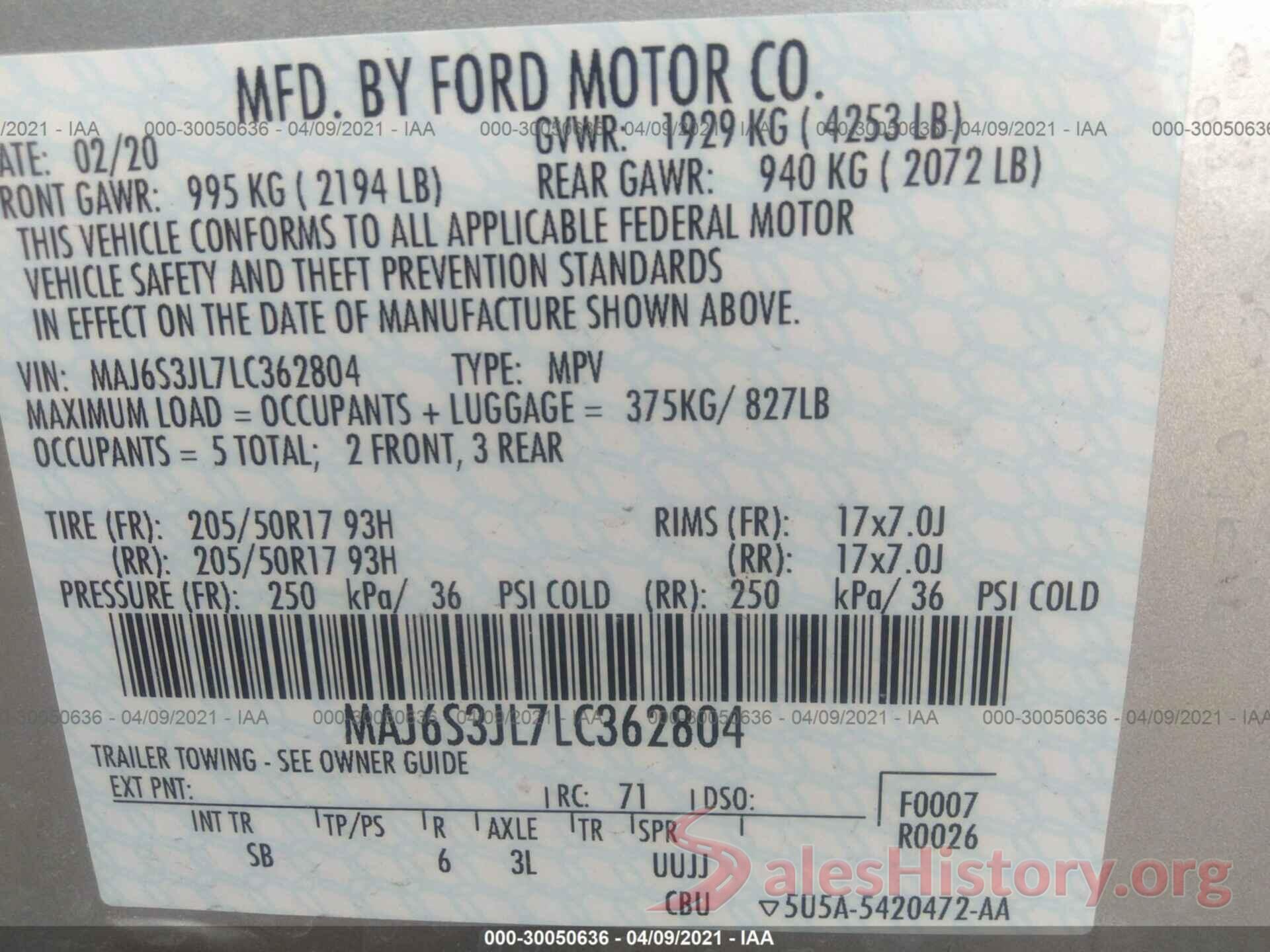 MAJ6S3JL7LC362804 2020 FORD ECOSPORT