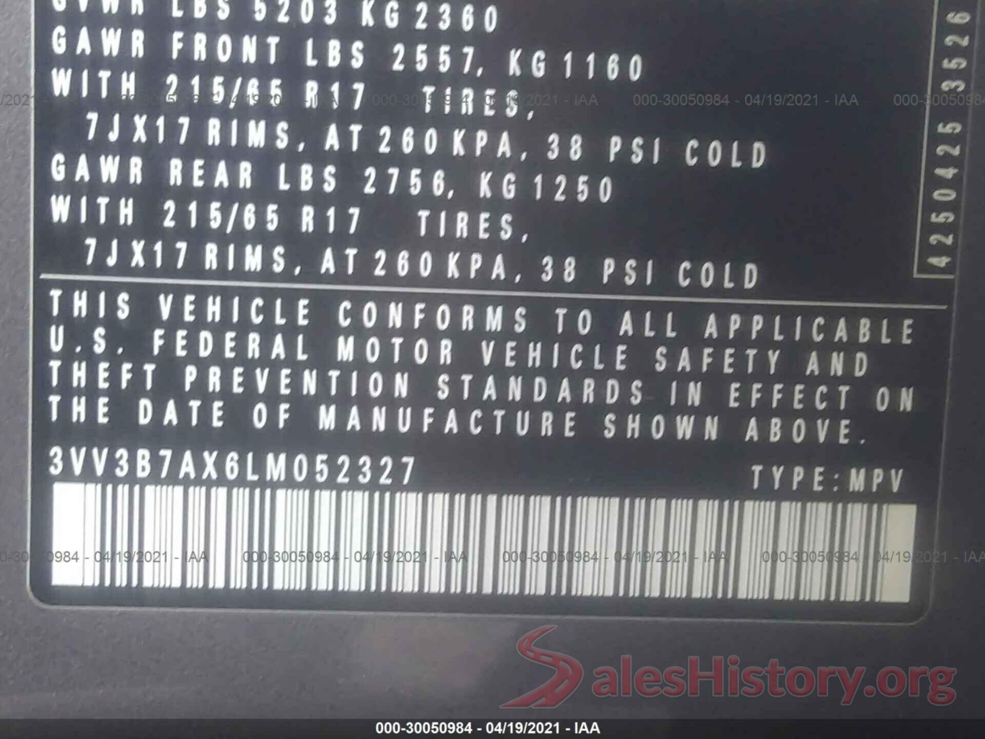 3VV3B7AX6LM052327 2020 VOLKSWAGEN TIGUAN