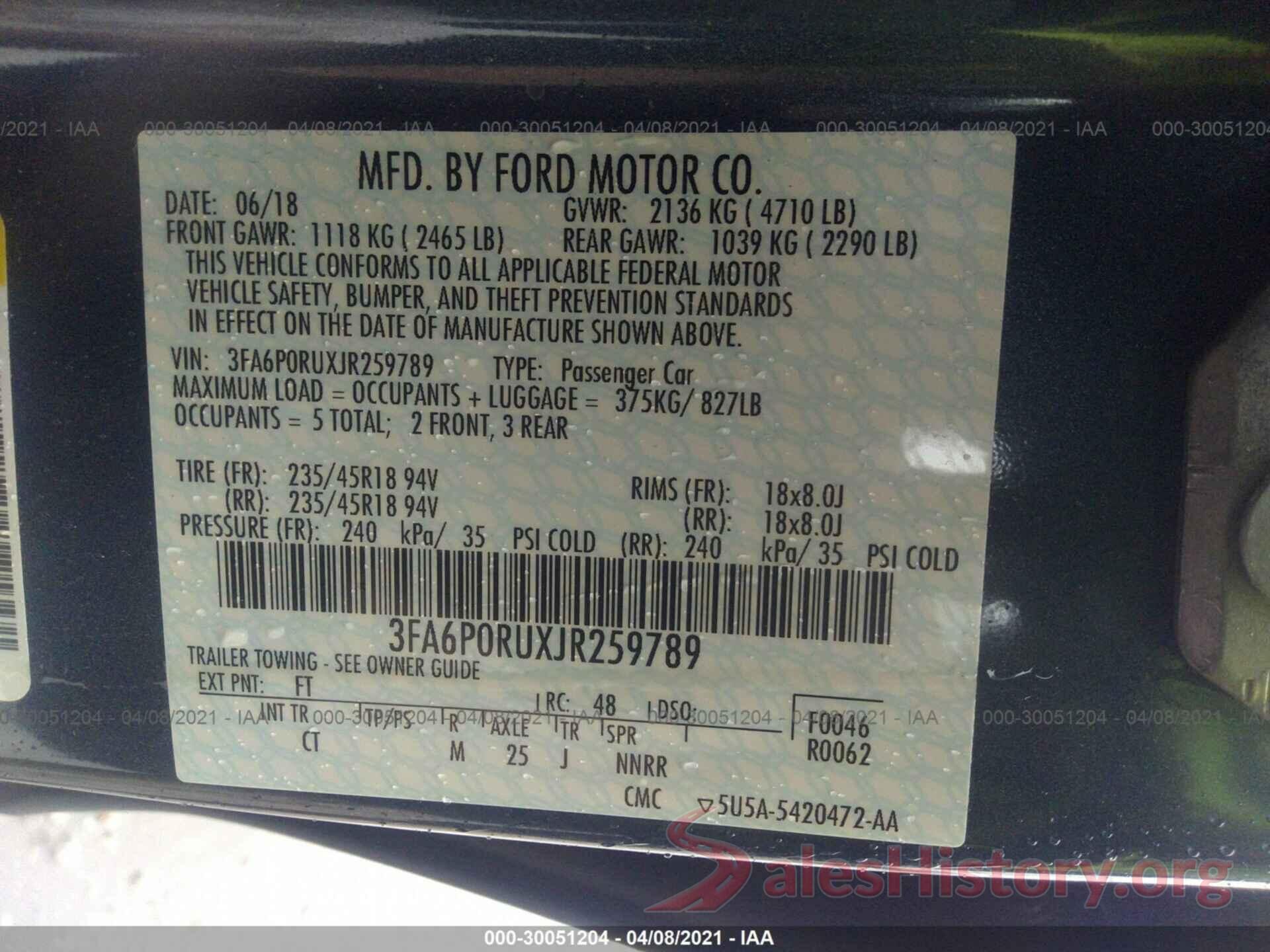 3FA6P0RUXJR259789 2018 FORD FUSION HYBRID