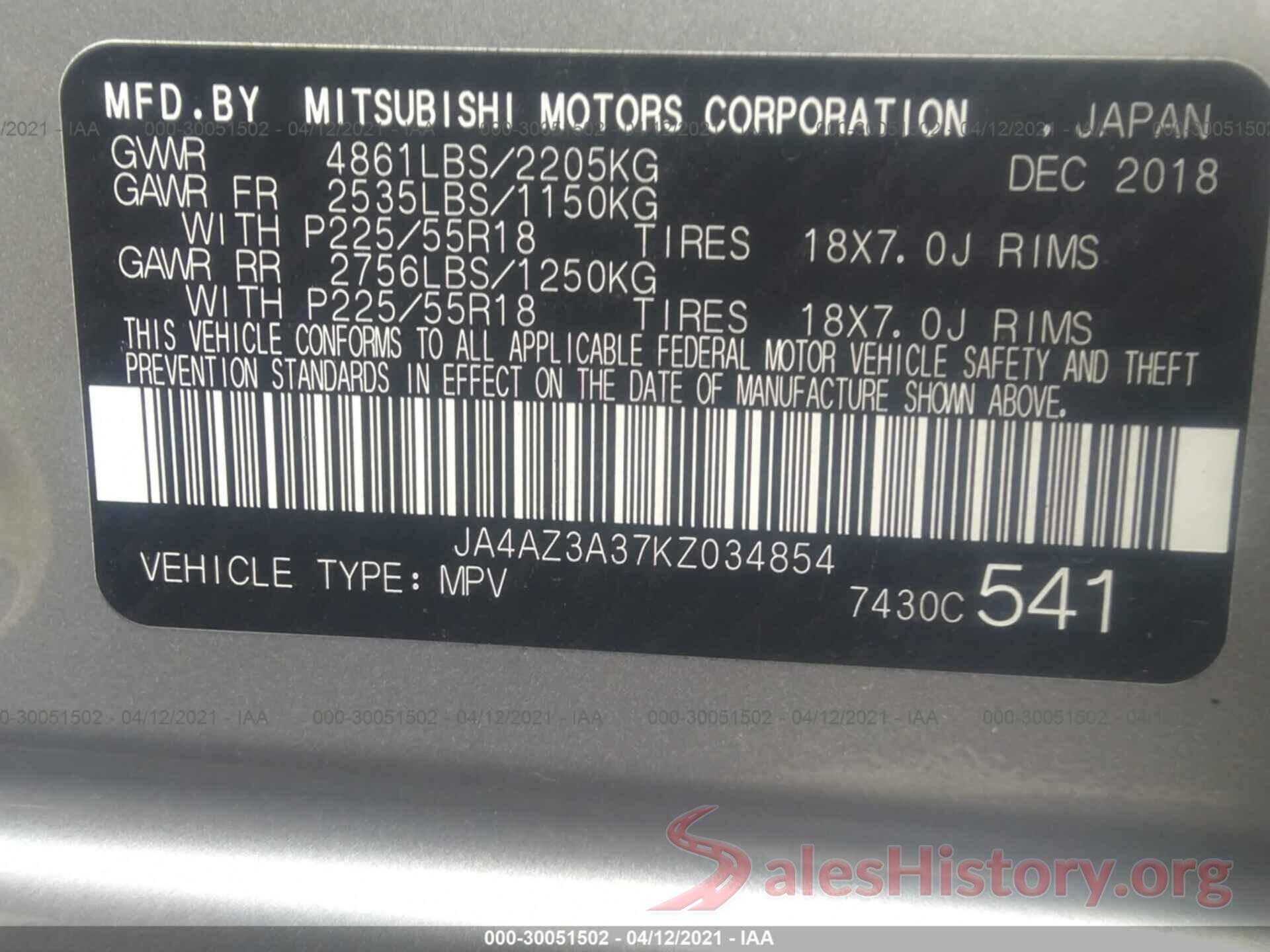 JA4AZ3A37KZ034854 2019 MITSUBISHI OUTLANDER