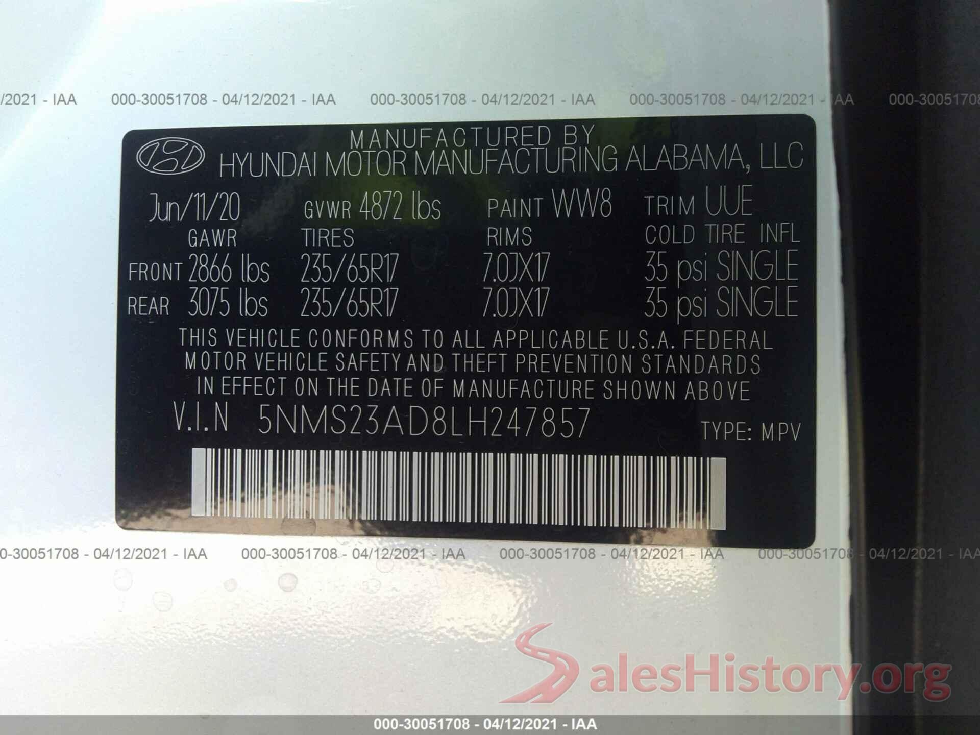 5NMS23AD8LH247857 2020 HYUNDAI SANTA FE