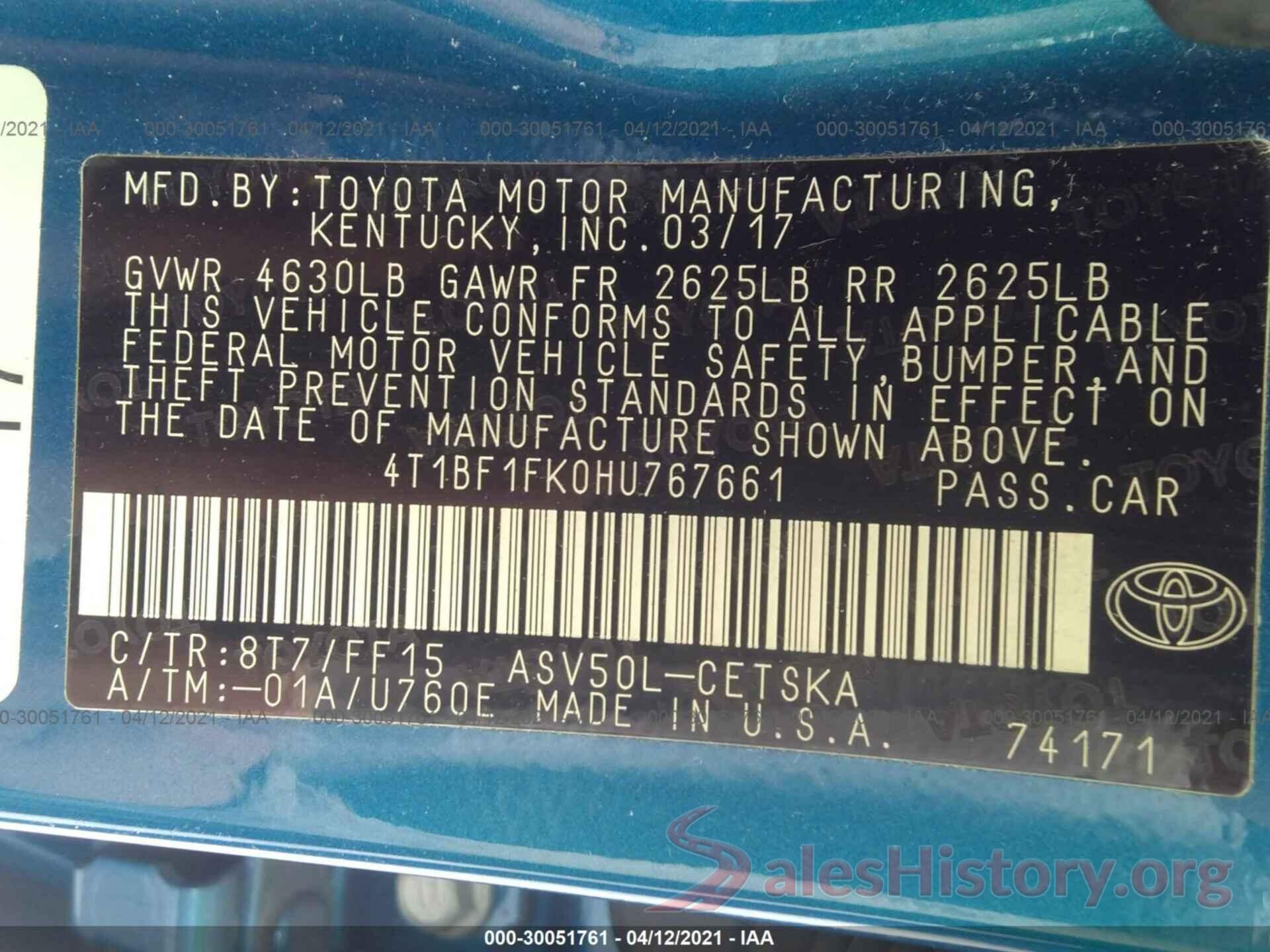 4T1BF1FK0HU767661 2017 TOYOTA CAMRY