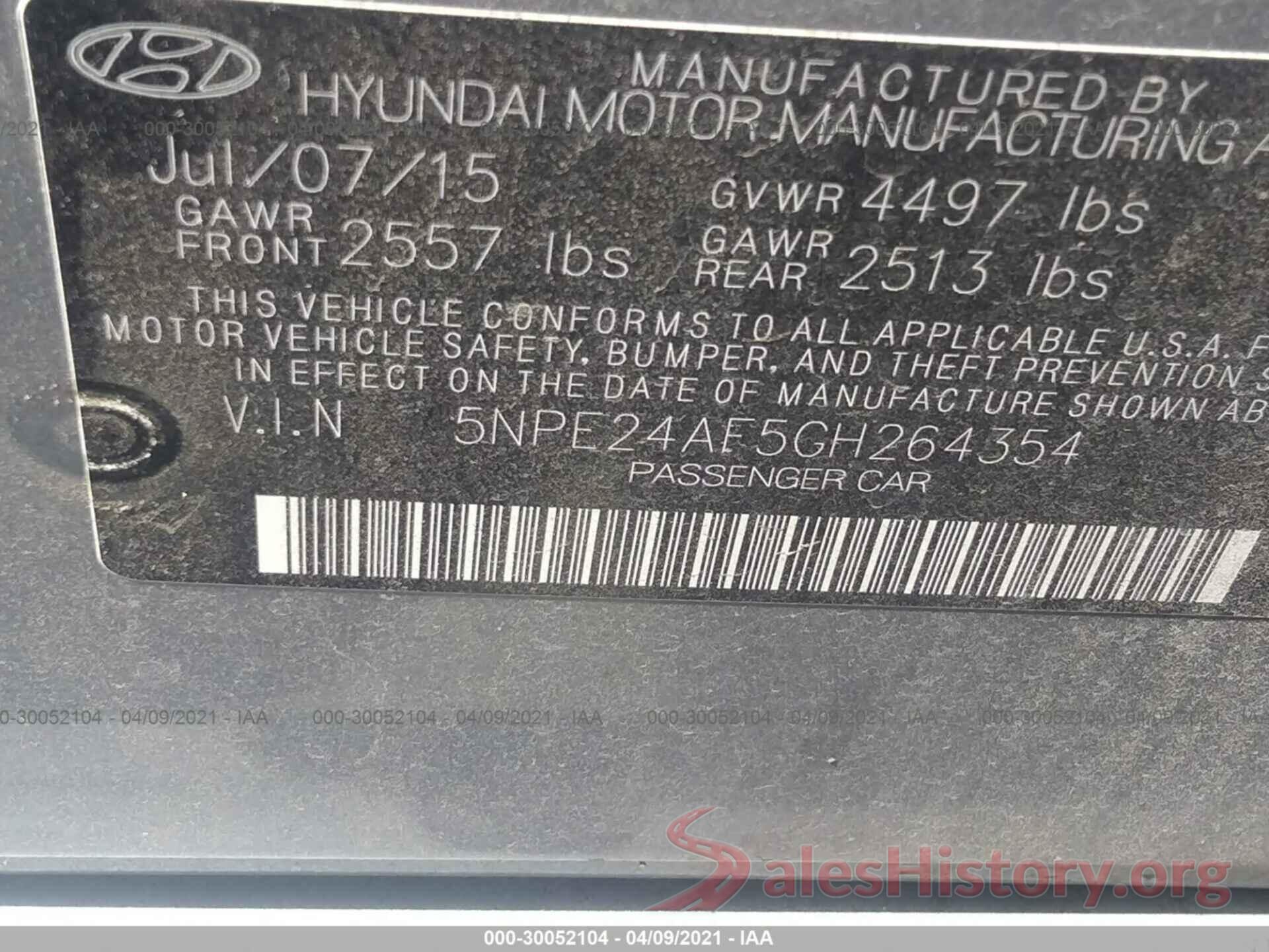 5NPE24AF5GH264354 2016 HYUNDAI SONATA