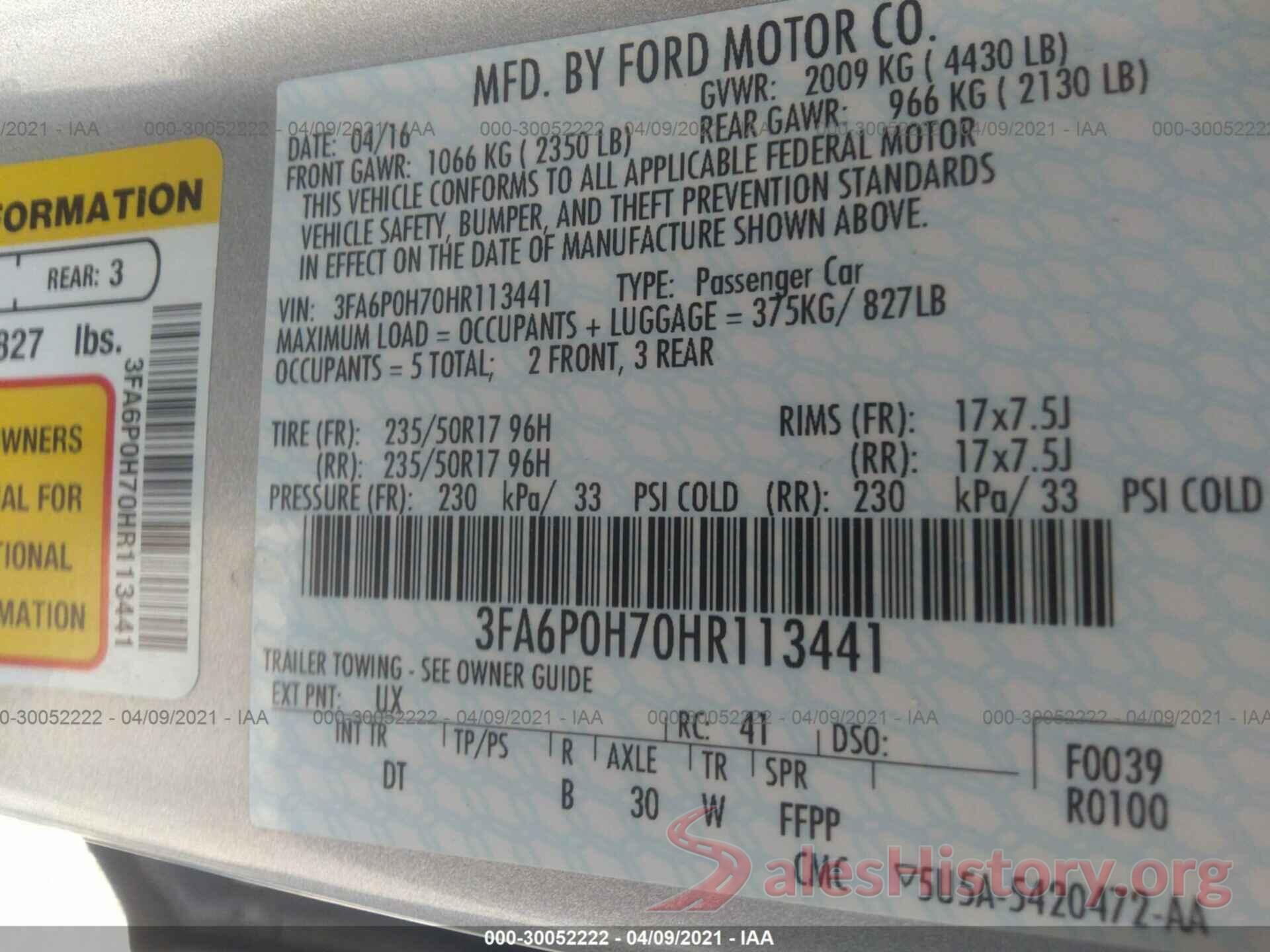 3FA6P0H70HR113441 2017 FORD FUSION