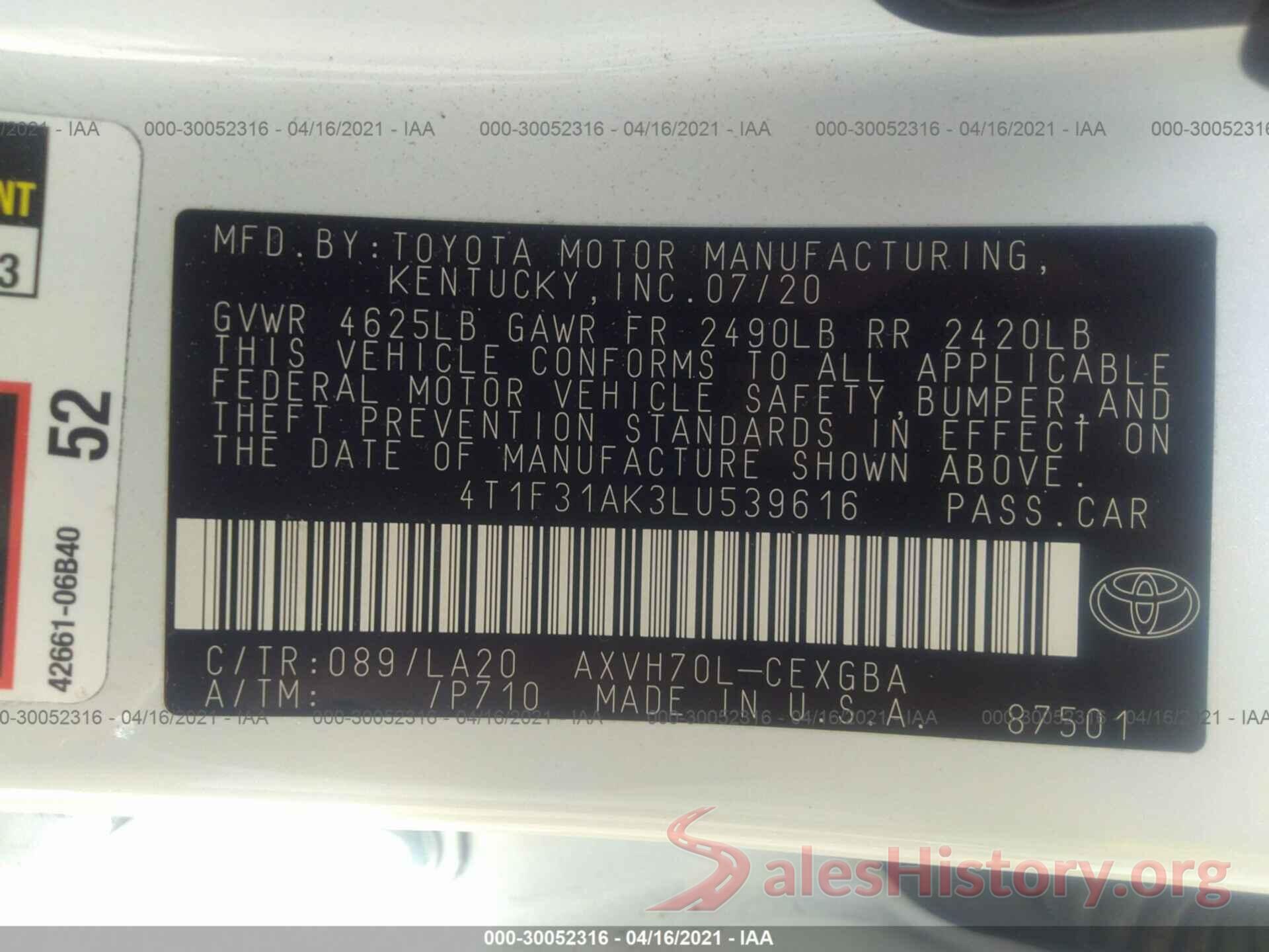 4T1F31AK3LU539616 2020 TOYOTA CAMRY