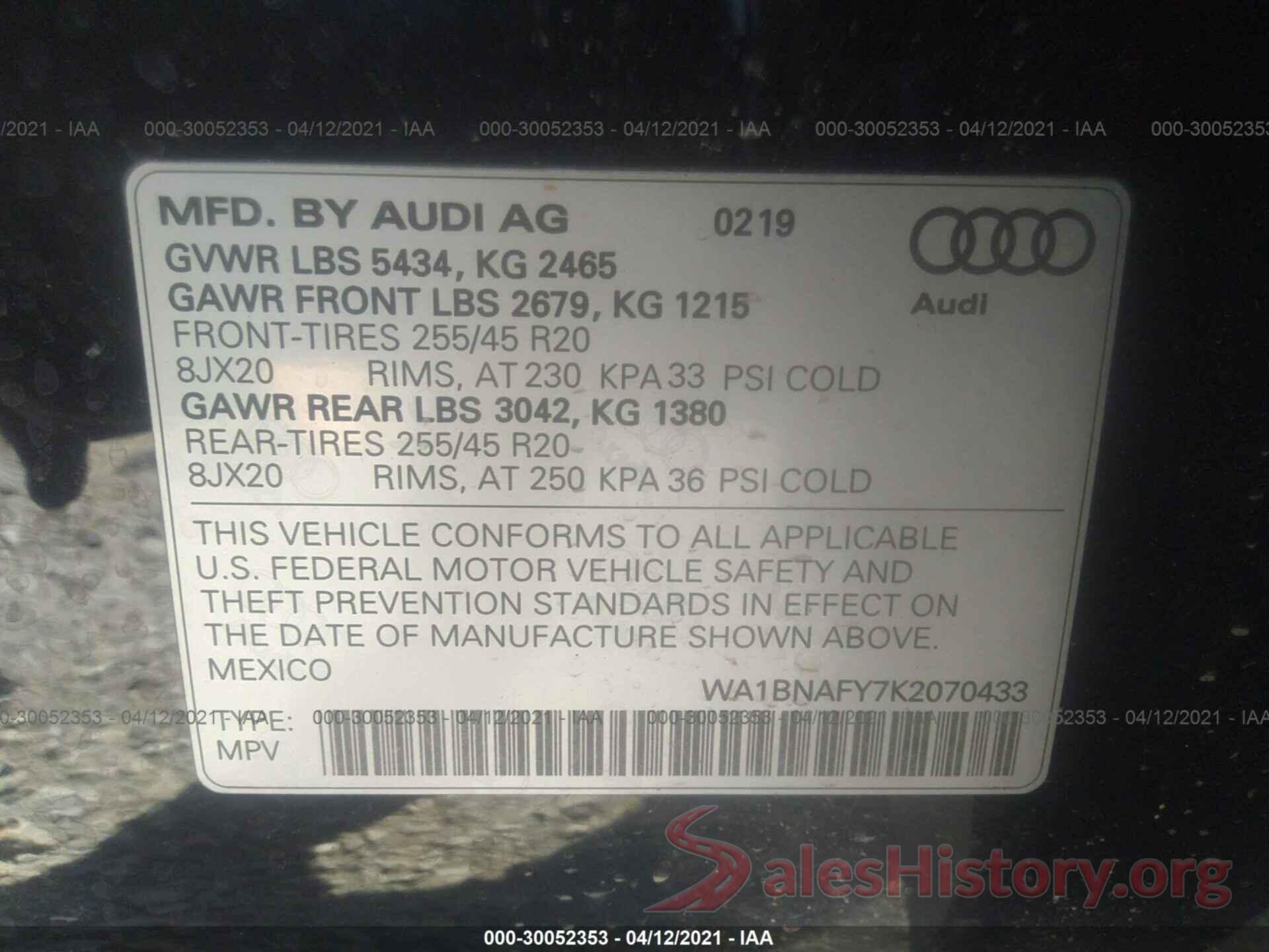 WA1BNAFY7K2070433 2019 AUDI Q5