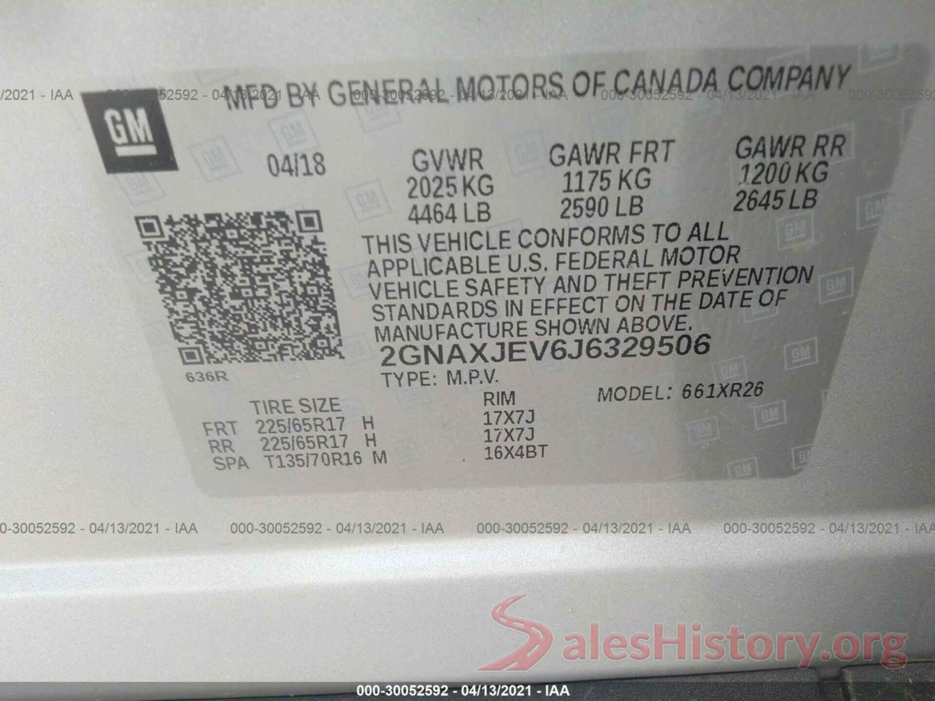 2GNAXJEV6J6329506 2018 CHEVROLET EQUINOX