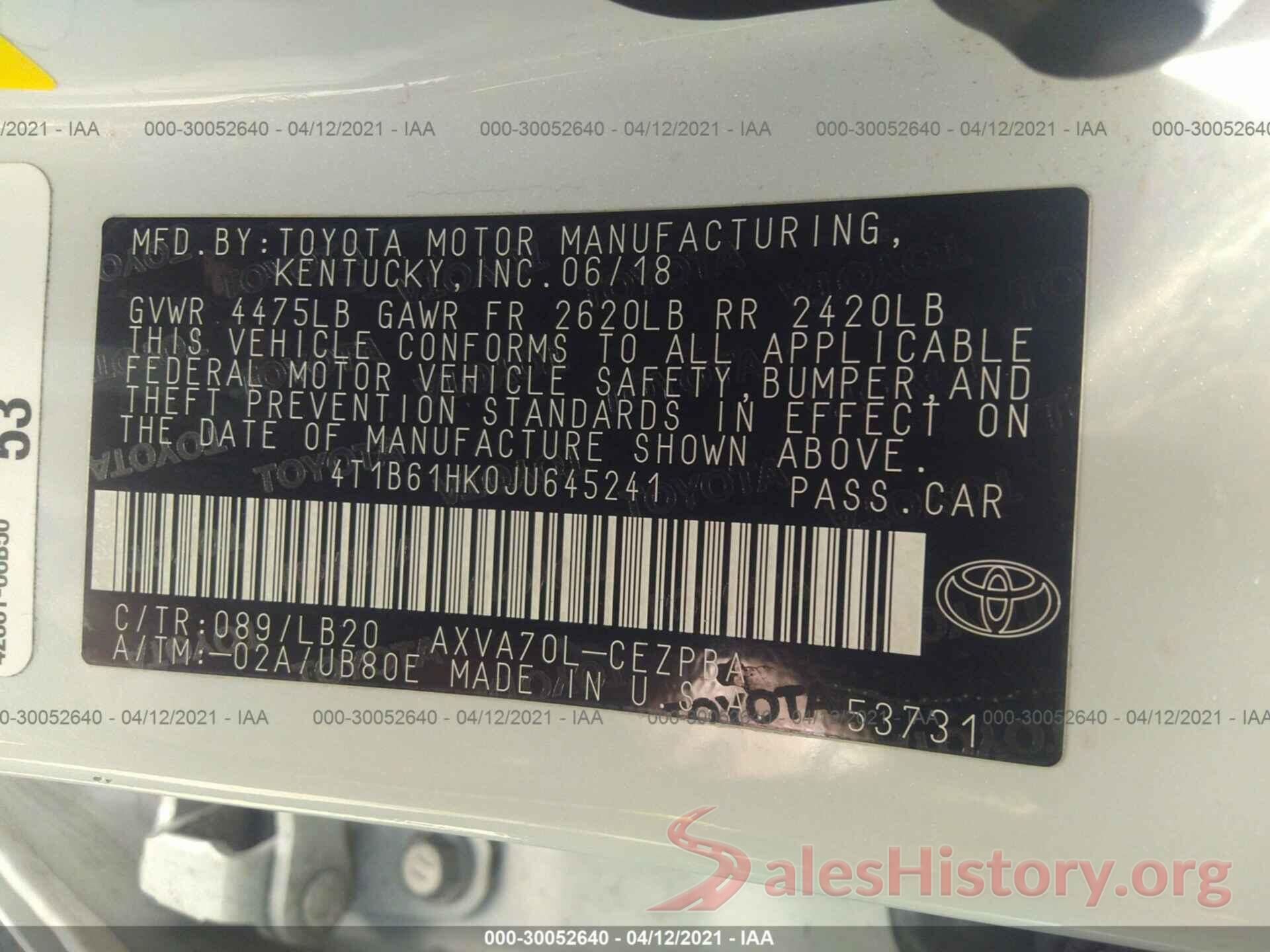 4T1B61HK0JU645241 2018 TOYOTA CAMRY