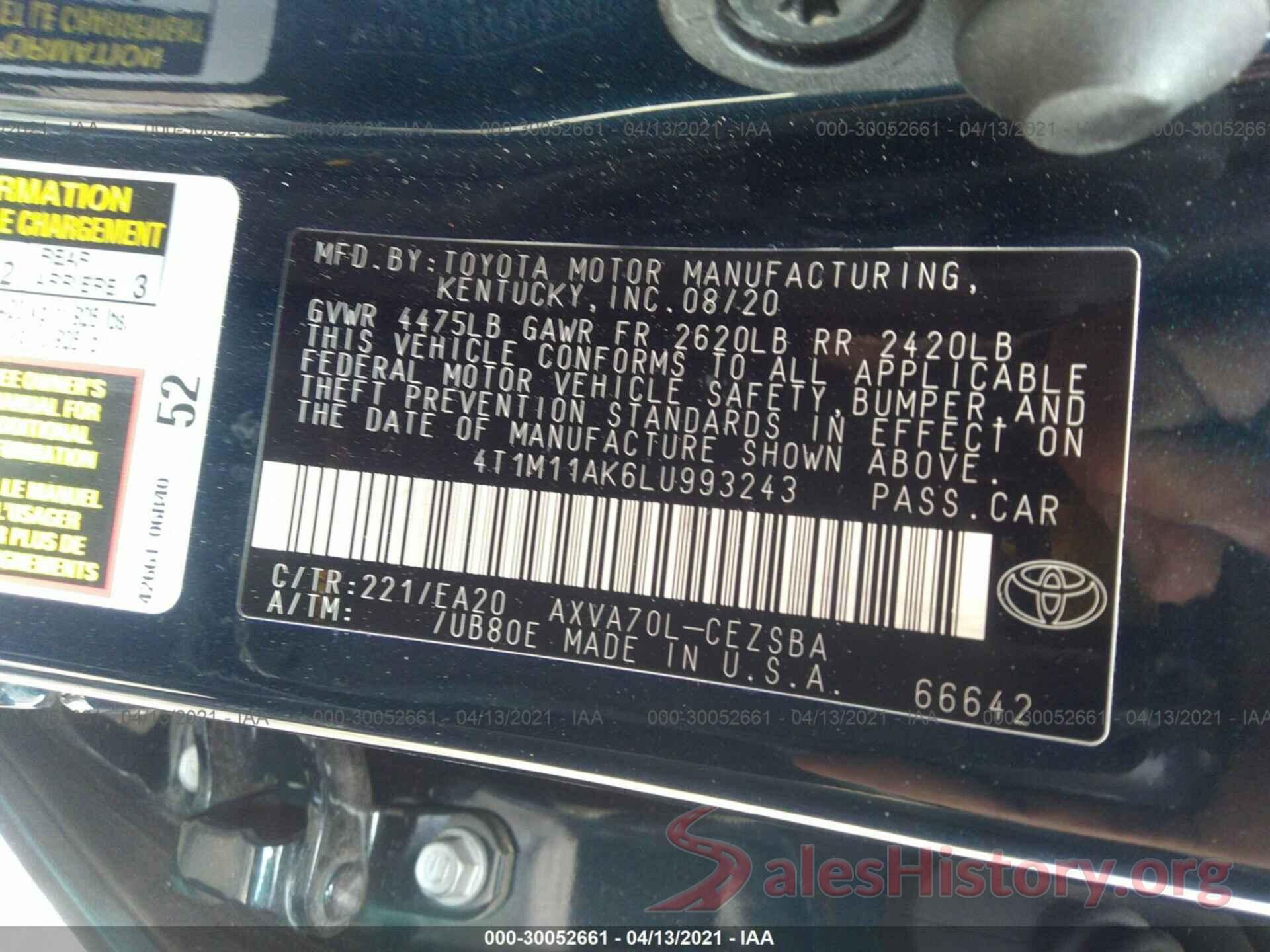 4T1M11AK6LU993243 2020 TOYOTA CAMRY