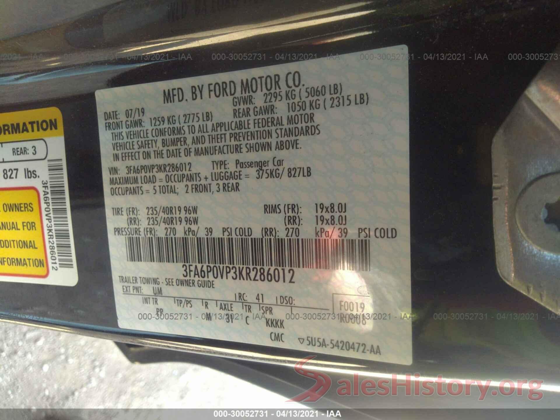 3FA6P0VP3KR286012 2019 FORD FUSION