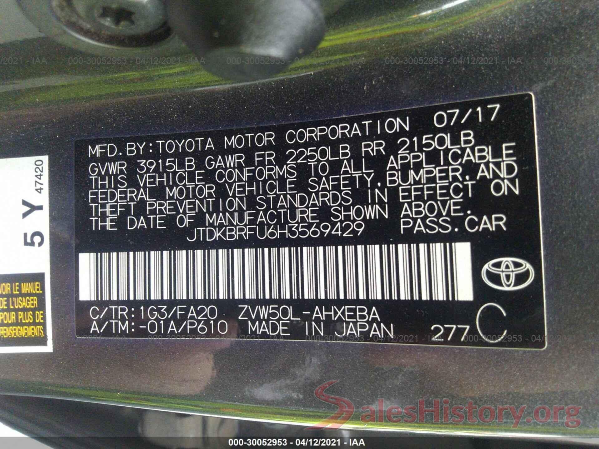 JTDKBRFU6H3569429 2017 TOYOTA PRIUS