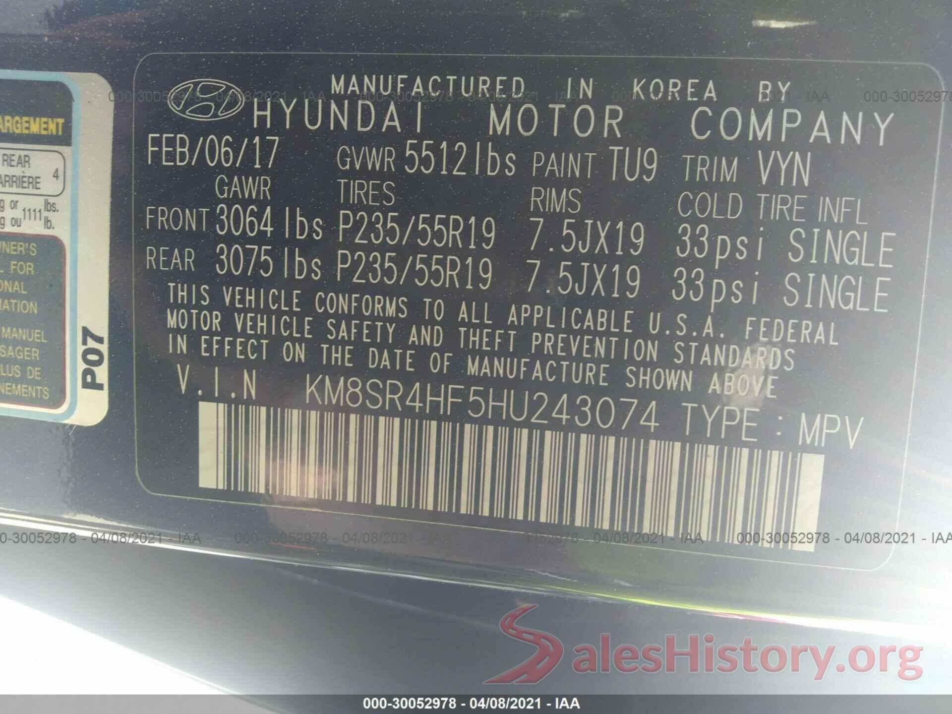 KM8SR4HF5HU243074 2017 HYUNDAI SANTA FE