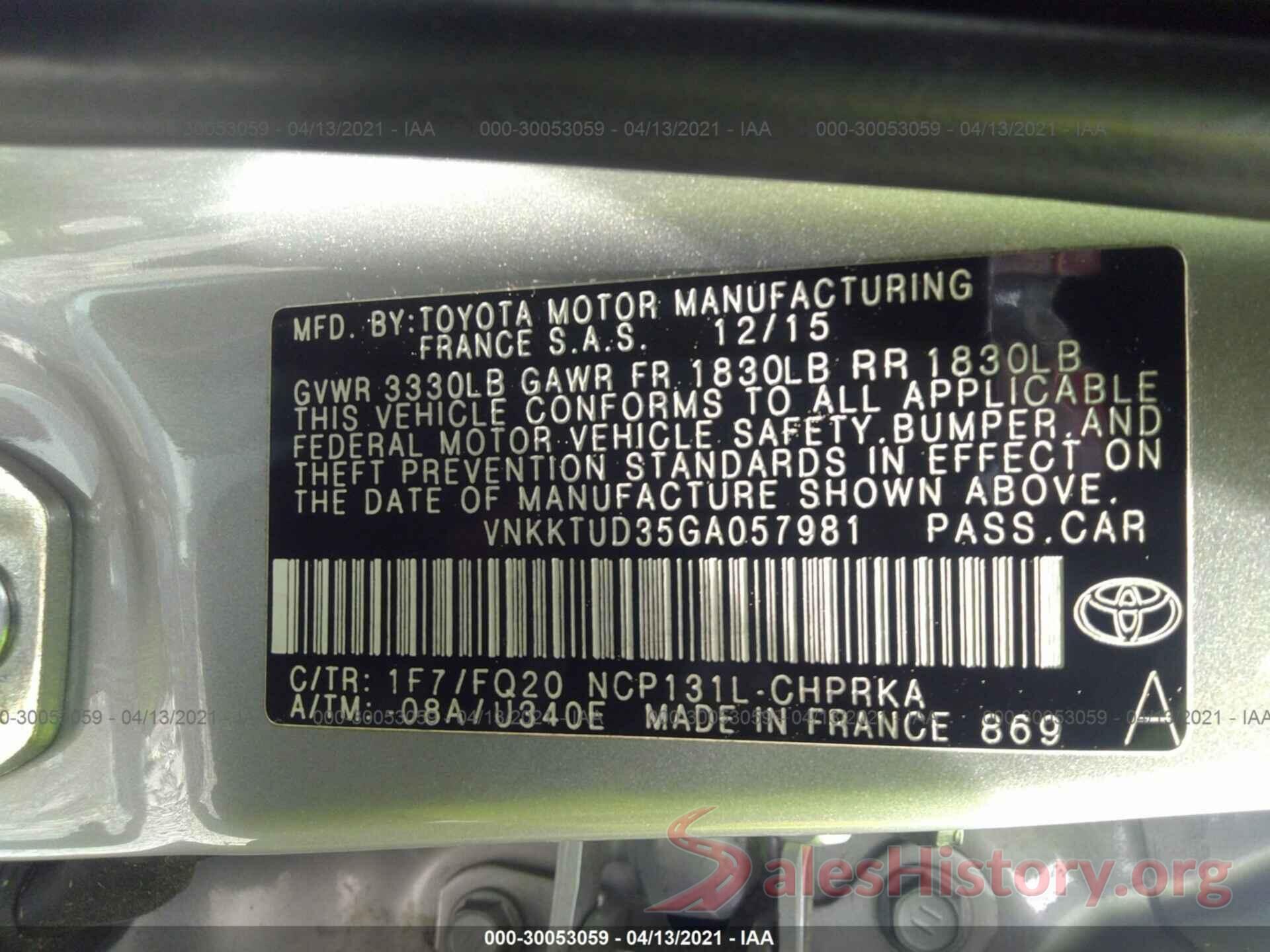 VNKKTUD35GA057981 2016 TOYOTA YARIS