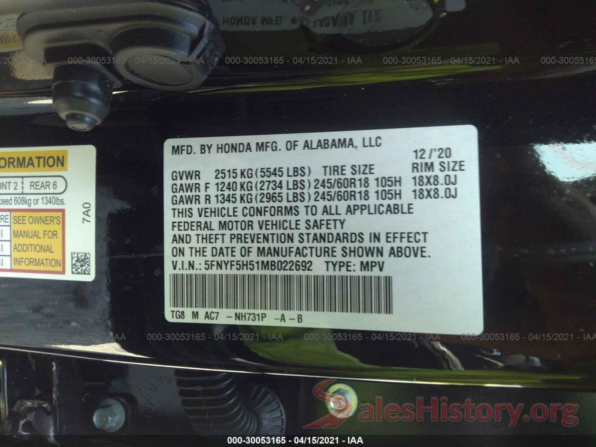 5FNYF5H51MB022692 2021 HONDA PILOT