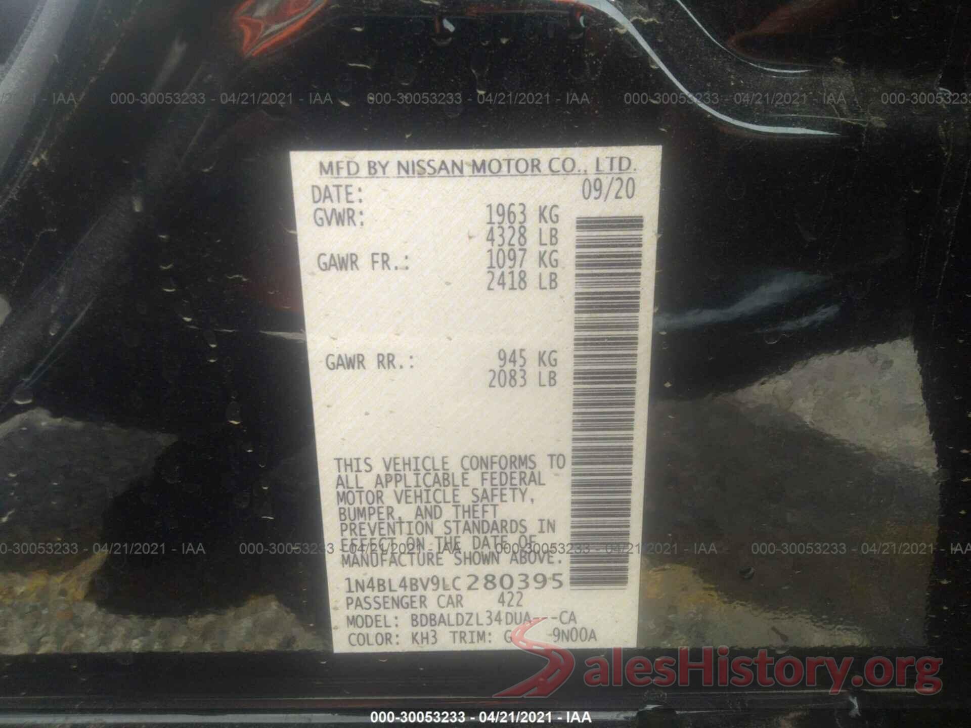 1N4BL4BV9LC280395 2020 NISSAN ALTIMA