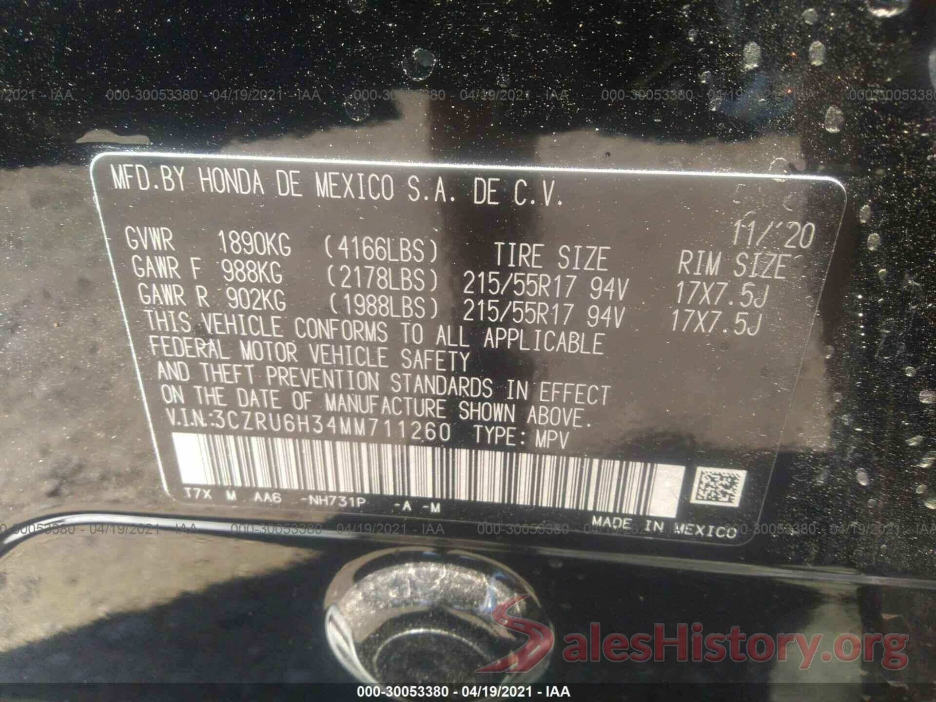 3CZRU6H34MM711260 2021 HONDA HR-V