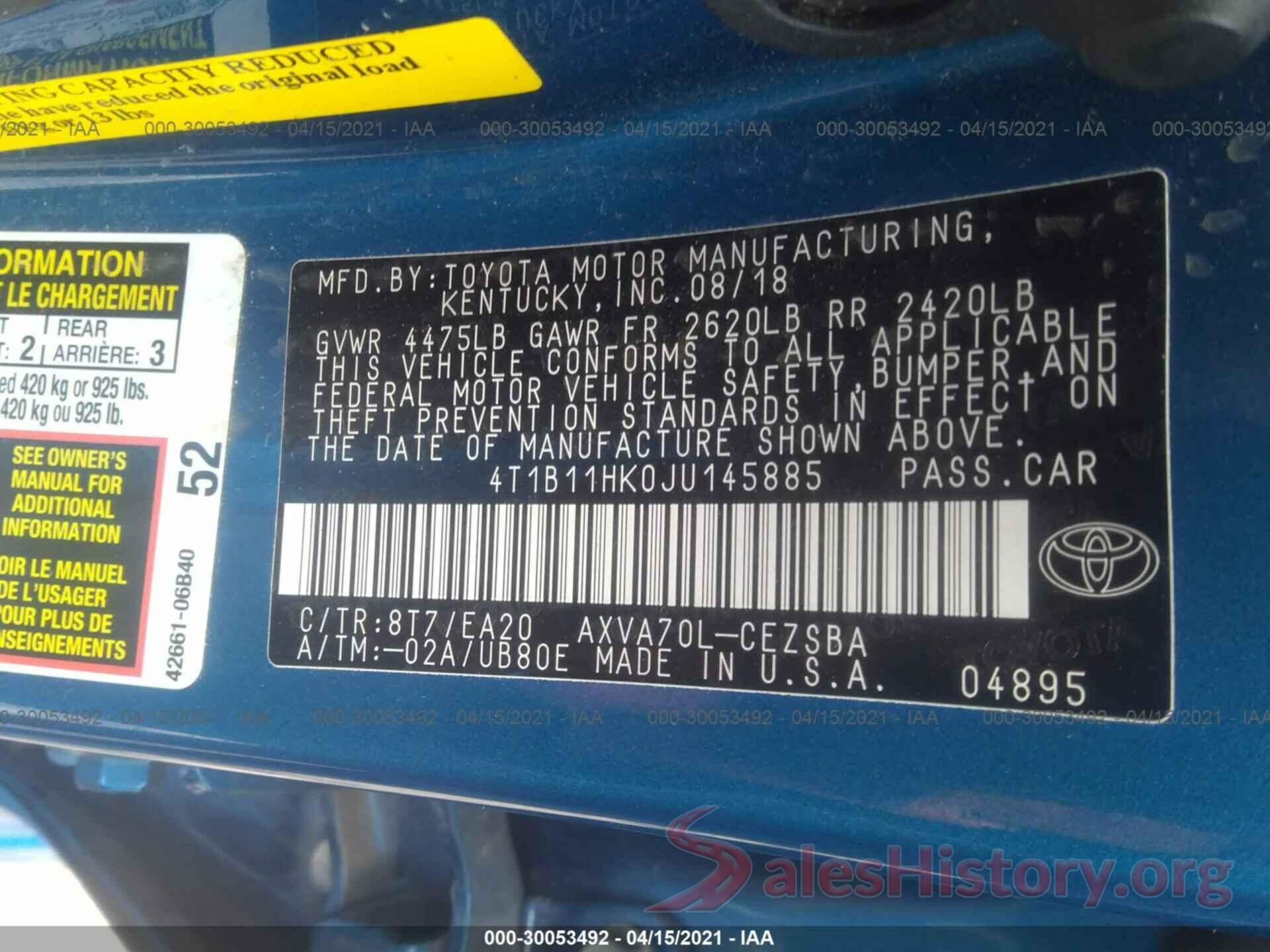 4T1B11HK0JU145885 2018 TOYOTA CAMRY