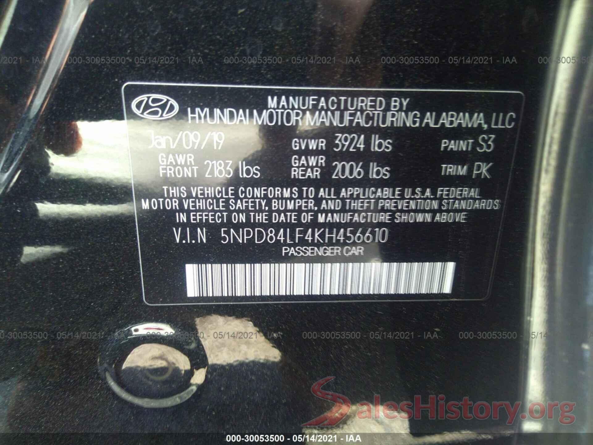 5NPD84LF4KH456610 2019 HYUNDAI ELANTRA