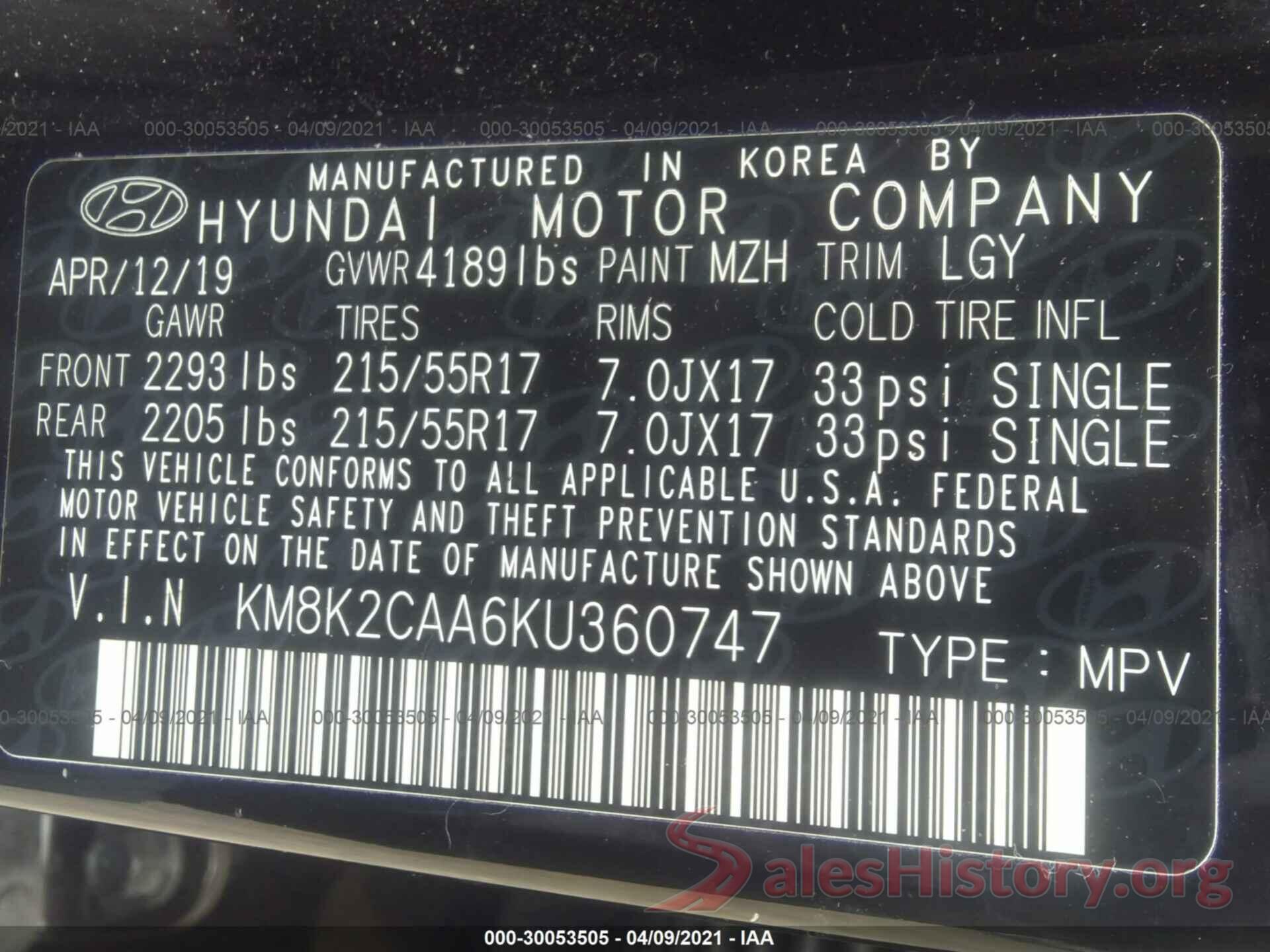 KM8K2CAA6KU360747 2019 HYUNDAI KONA