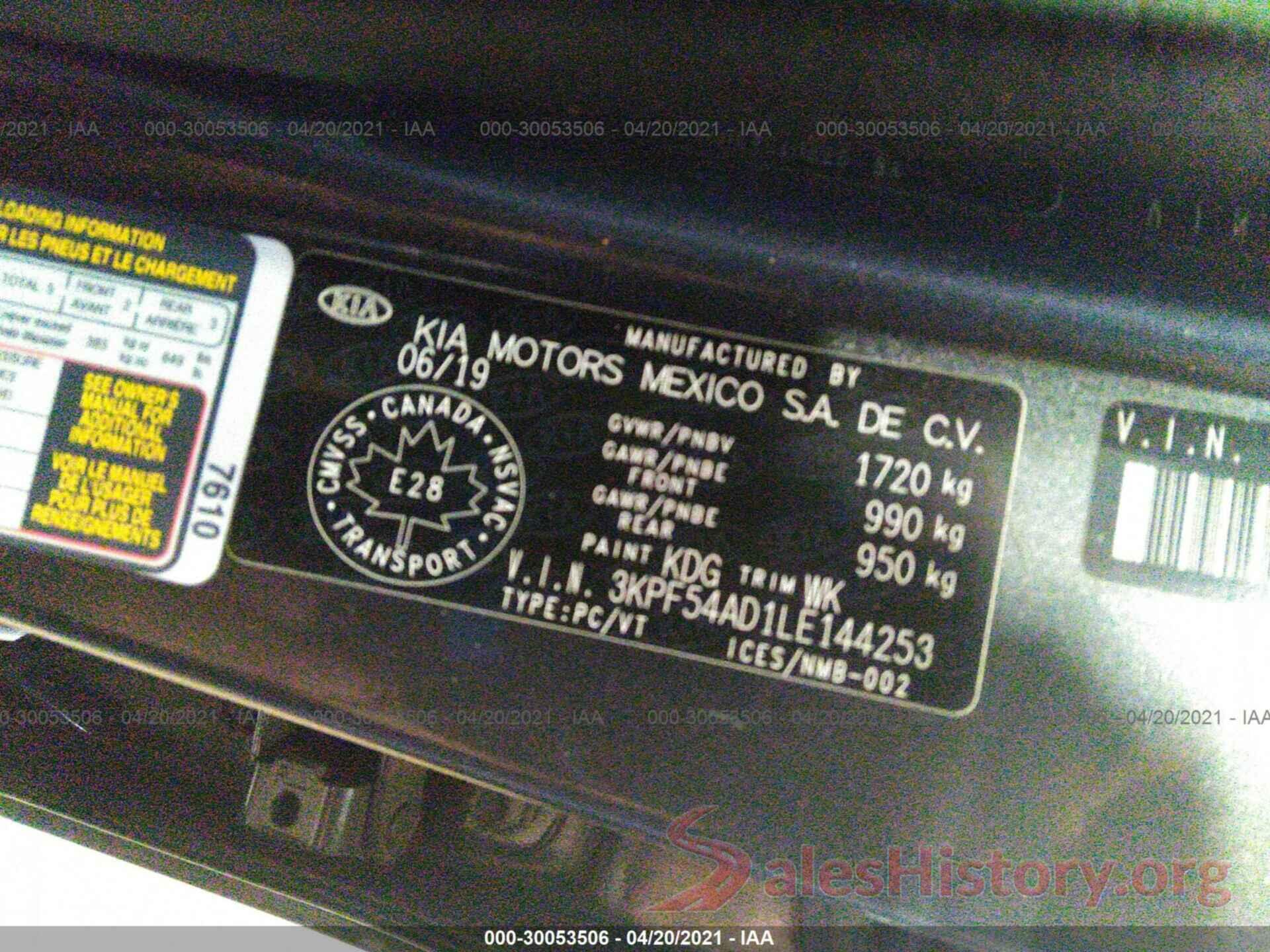 3KPF54AD1LE144253 2020 KIA FORTE