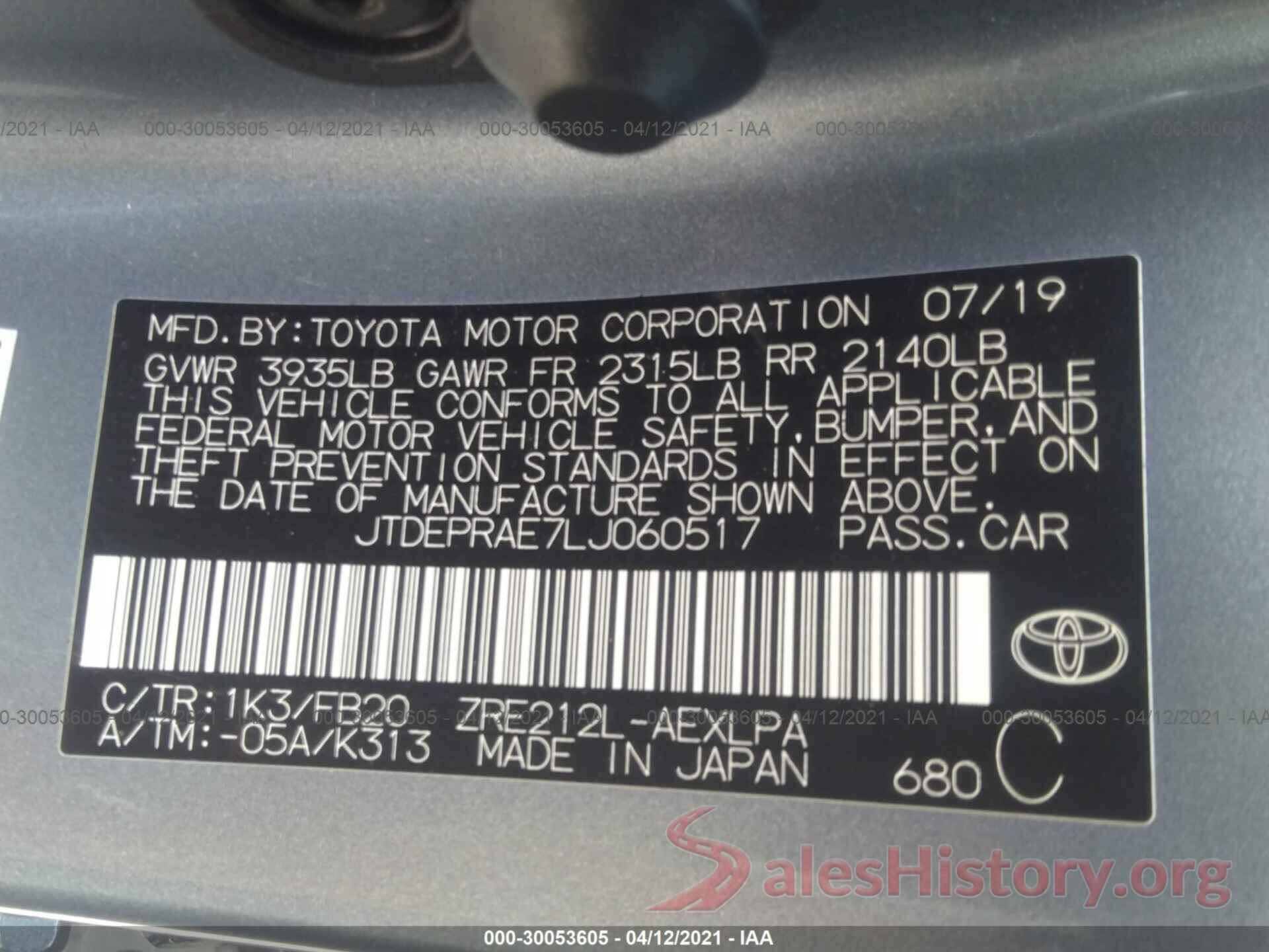 JTDEPRAE7LJ060517 2020 TOYOTA COROLLA