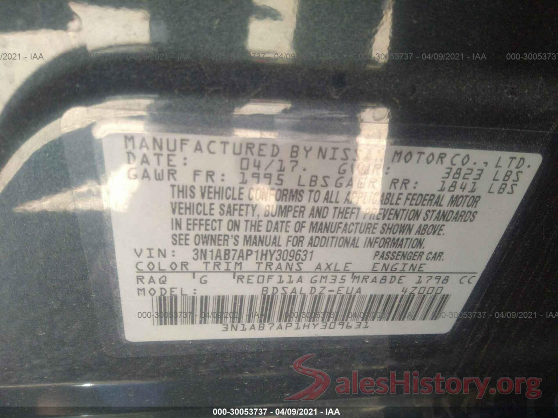 3N1AB7AP1HY309631 2017 NISSAN SENTRA