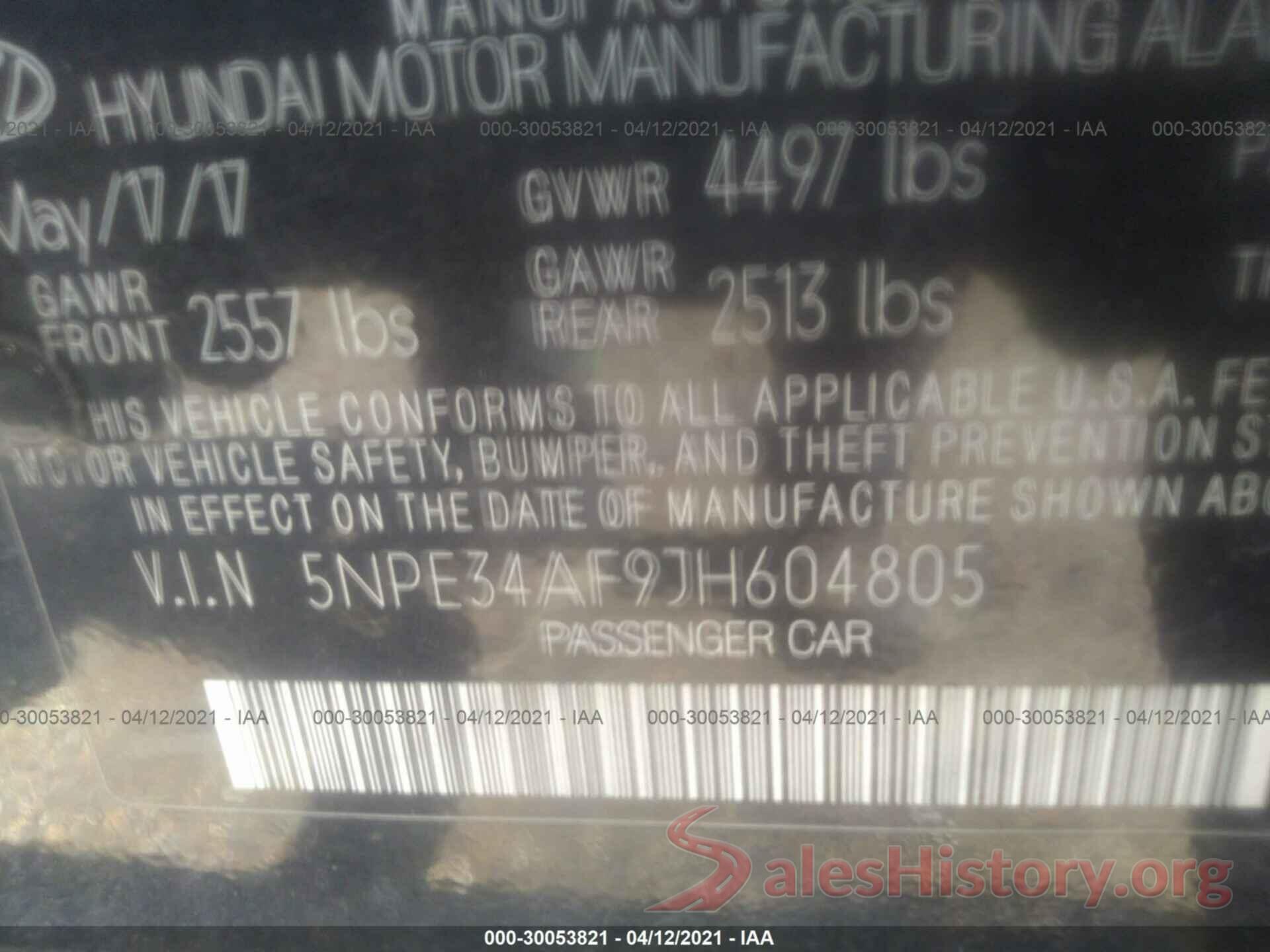 5NPE34AF9JH604805 2018 HYUNDAI SONATA