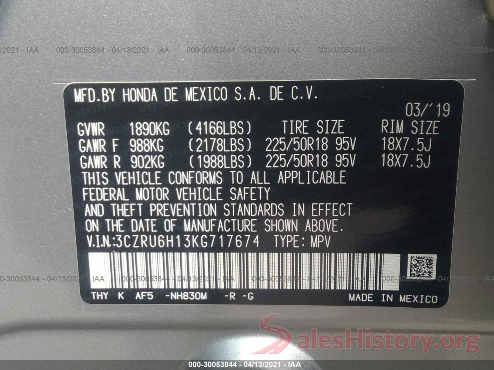 3CZRU6H13KG717674 2019 HONDA HR-V