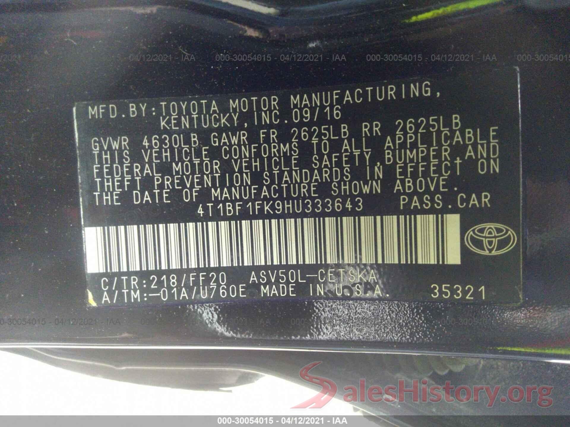 4T1BF1FK9HU333643 2017 TOYOTA CAMRY