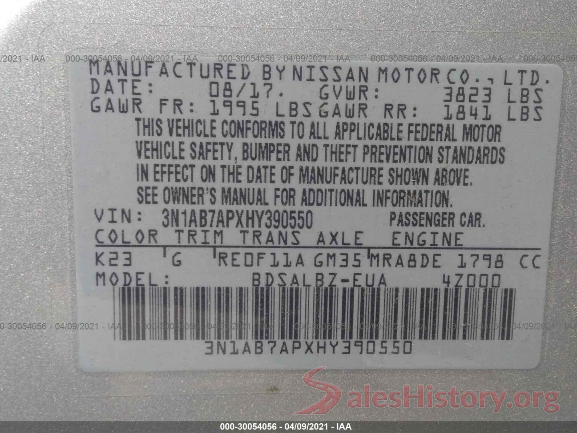 3N1AB7APXHY390550 2017 NISSAN SENTRA