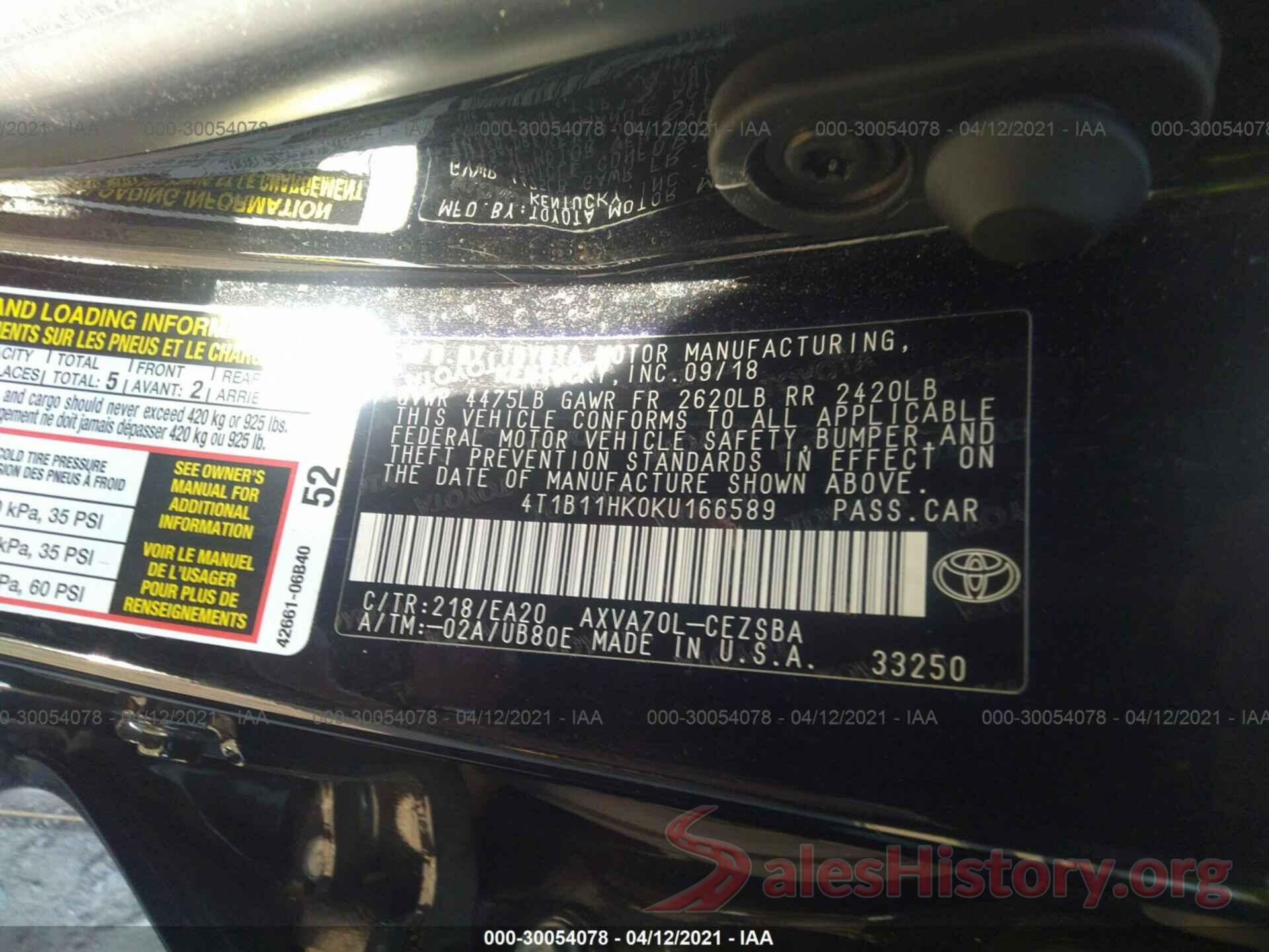 4T1B11HK0KU166589 2019 TOYOTA CAMRY