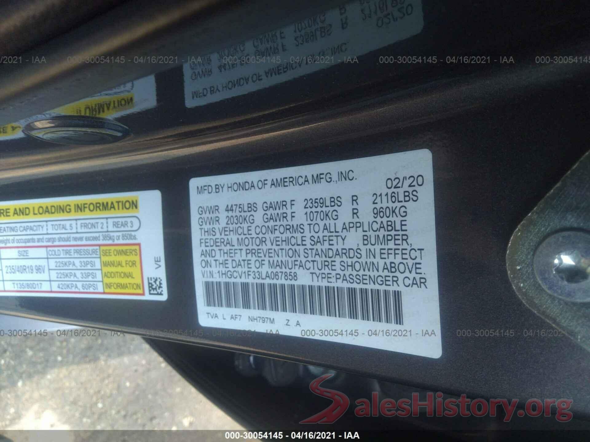 1HGCV1F33LA067858 2020 HONDA ACCORD SEDAN