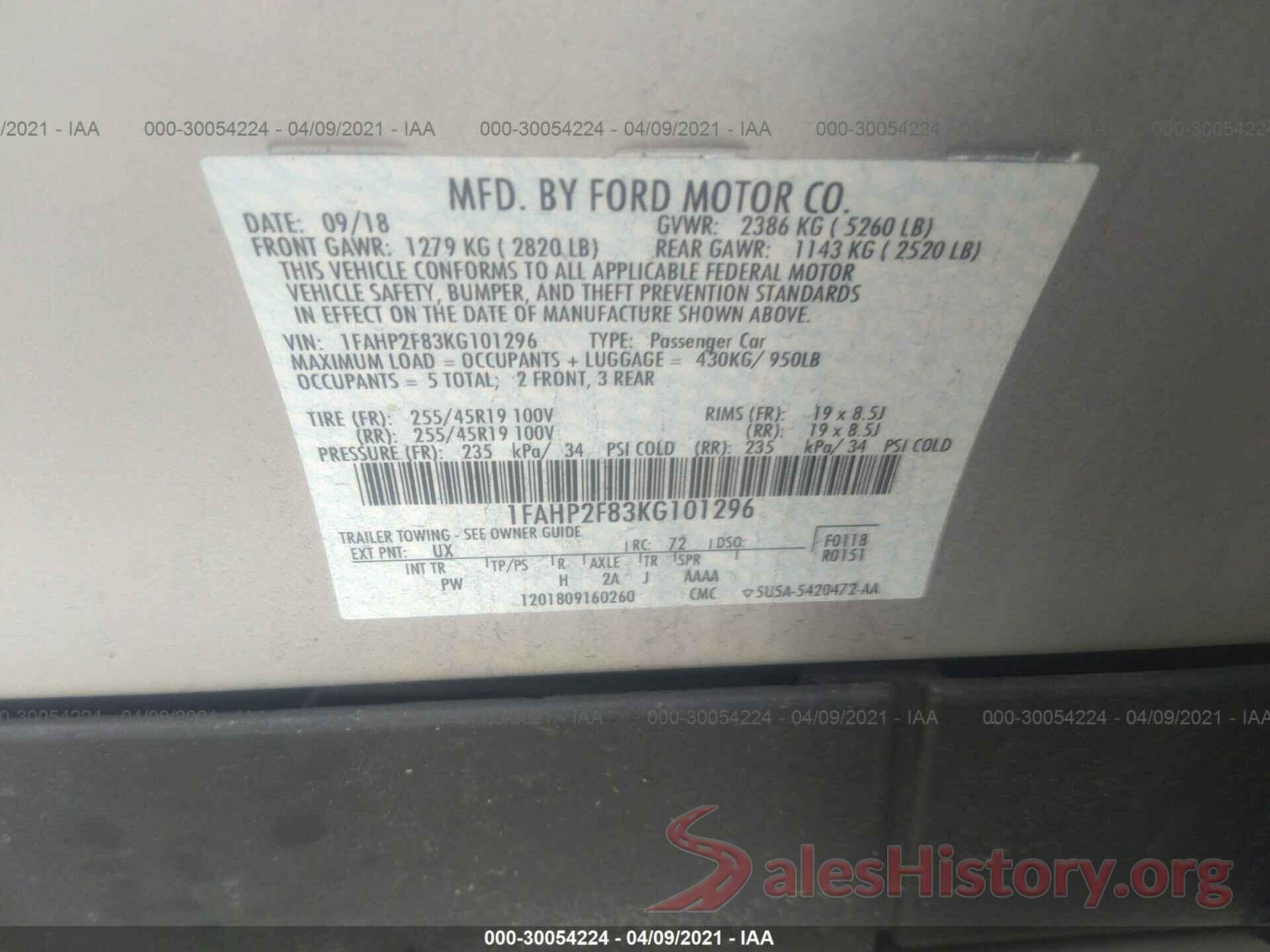 1FAHP2F83KG101296 2019 FORD TAURUS