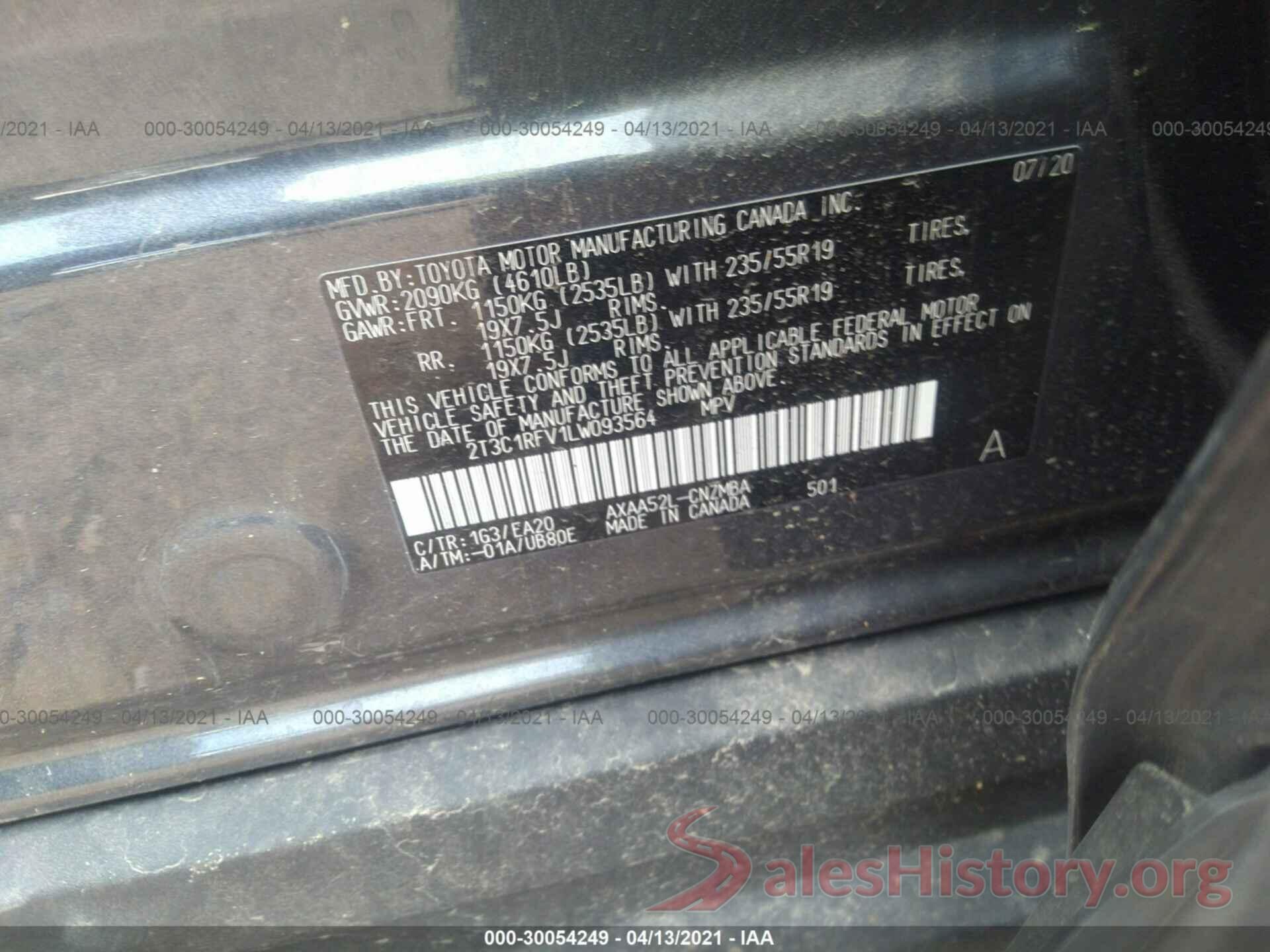 2T3C1RFV1LW093564 2020 TOYOTA RAV4