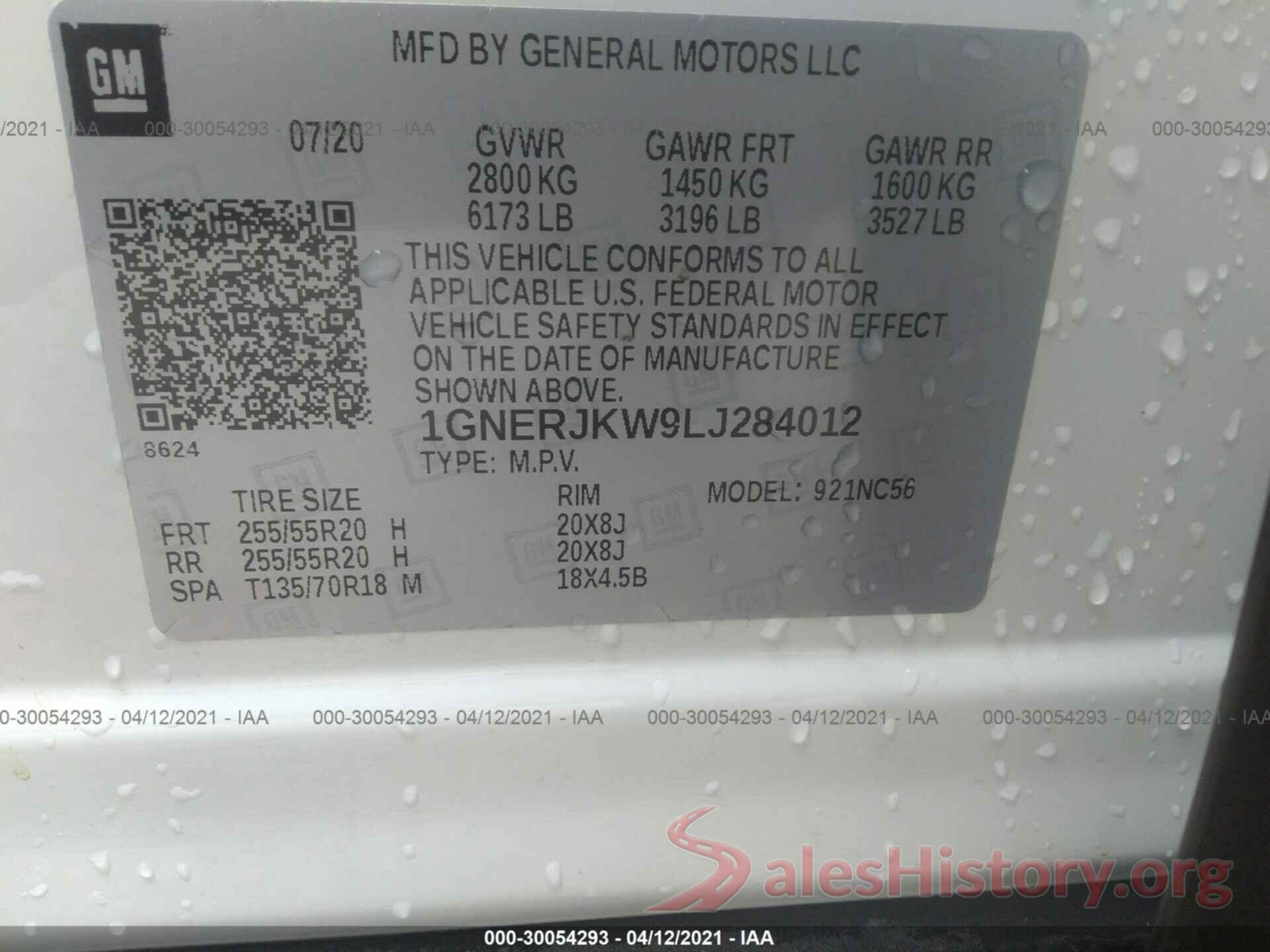 1GNERJKW9LJ284012 2020 CHEVROLET TRAVERSE