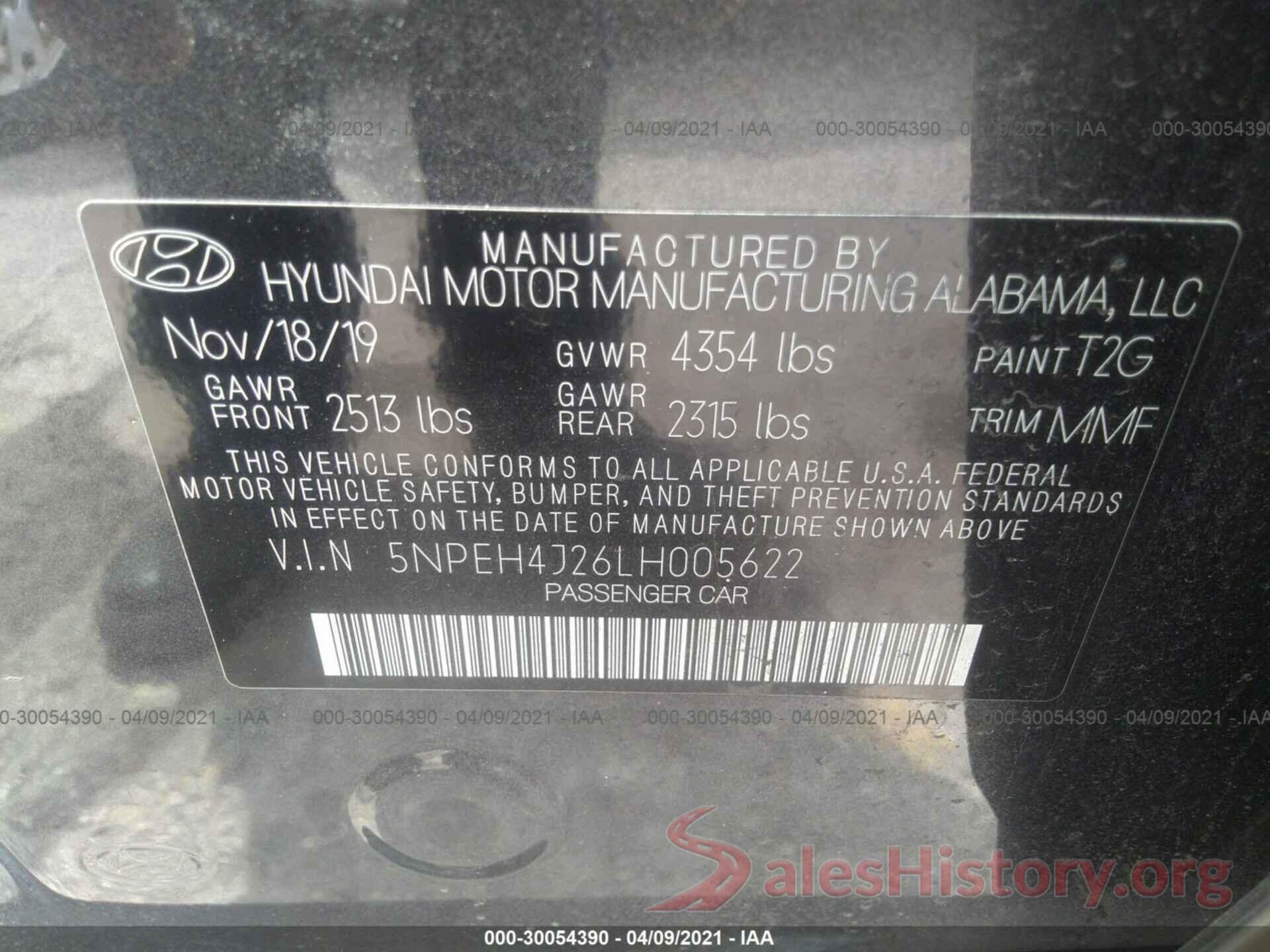 5NPEH4J26LH005622 2020 HYUNDAI SONATA