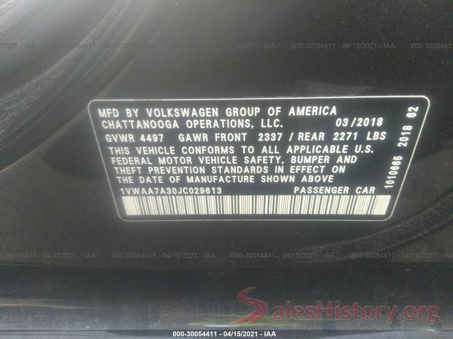 1VWAA7A30JC029613 2018 VOLKSWAGEN PASSAT