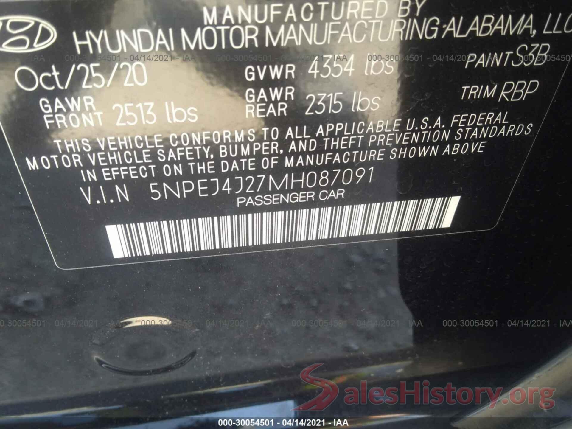 5NPEJ4J27MH087091 2021 HYUNDAI SONATA