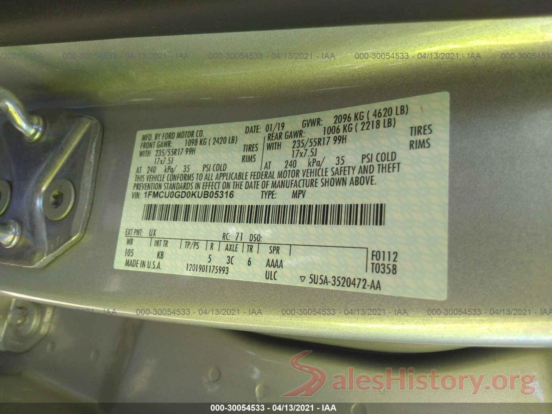 1FMCU0GD0KUB05316 2019 FORD ESCAPE