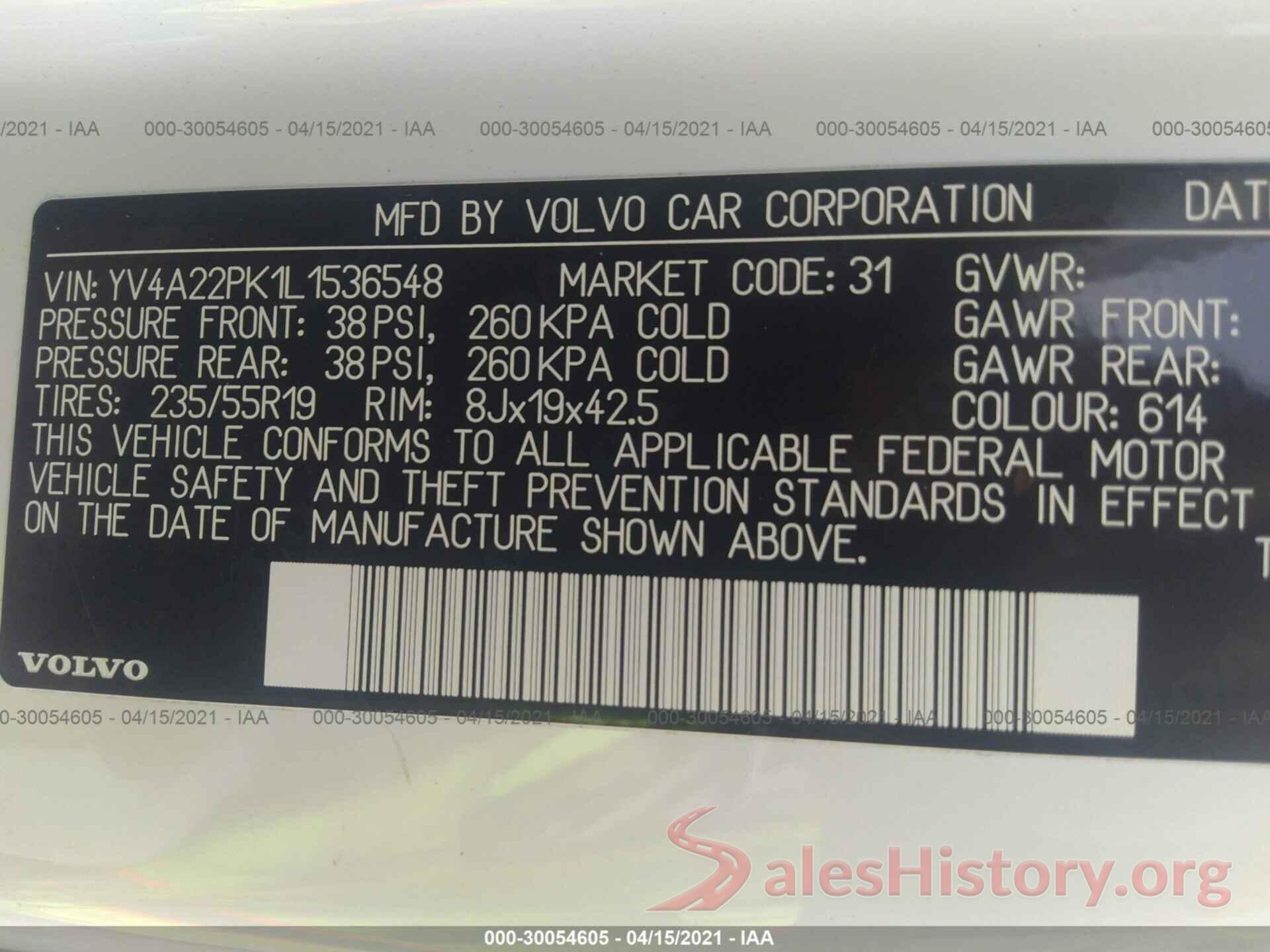 YV4A22PK1L1536548 2020 VOLVO XC90