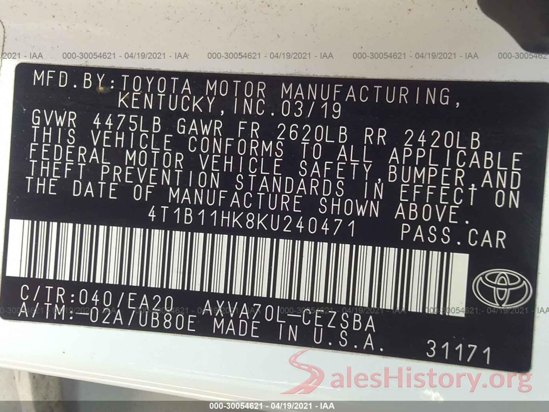 4T1B11HK8KU240471 2019 TOYOTA CAMRY