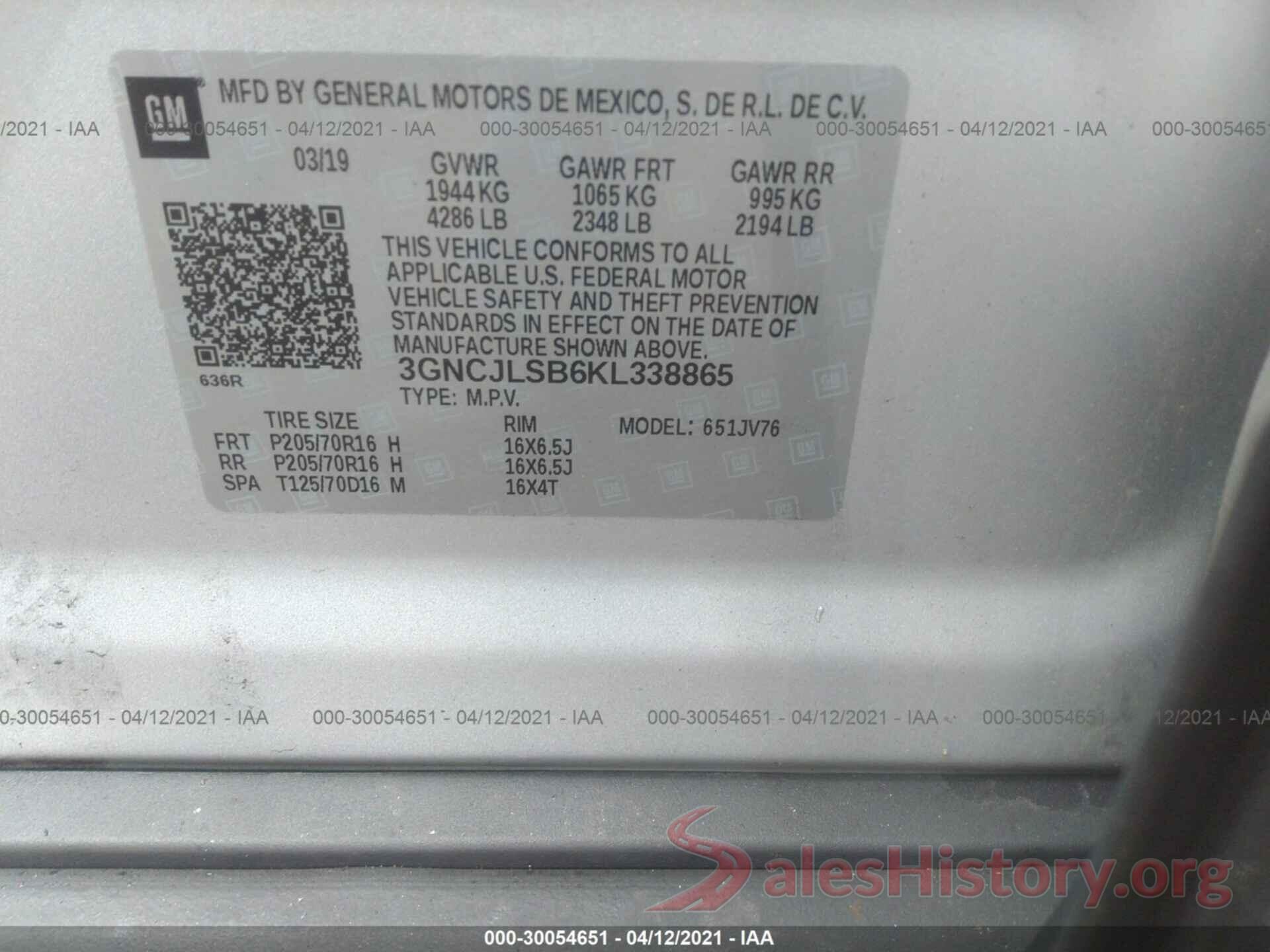 3GNCJLSB6KL338865 2019 CHEVROLET TRAX