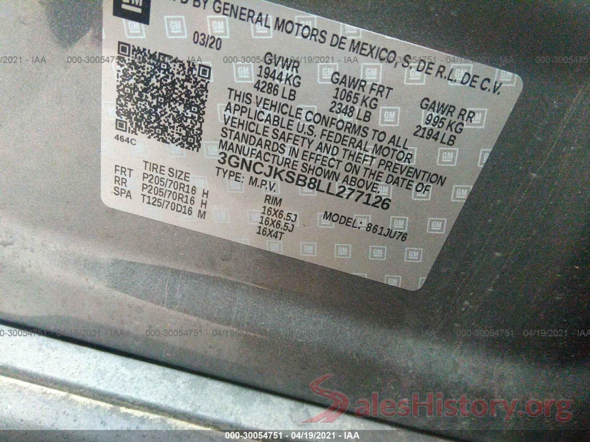 3GNCJKSB8LL277126 2020 CHEVROLET TRAX