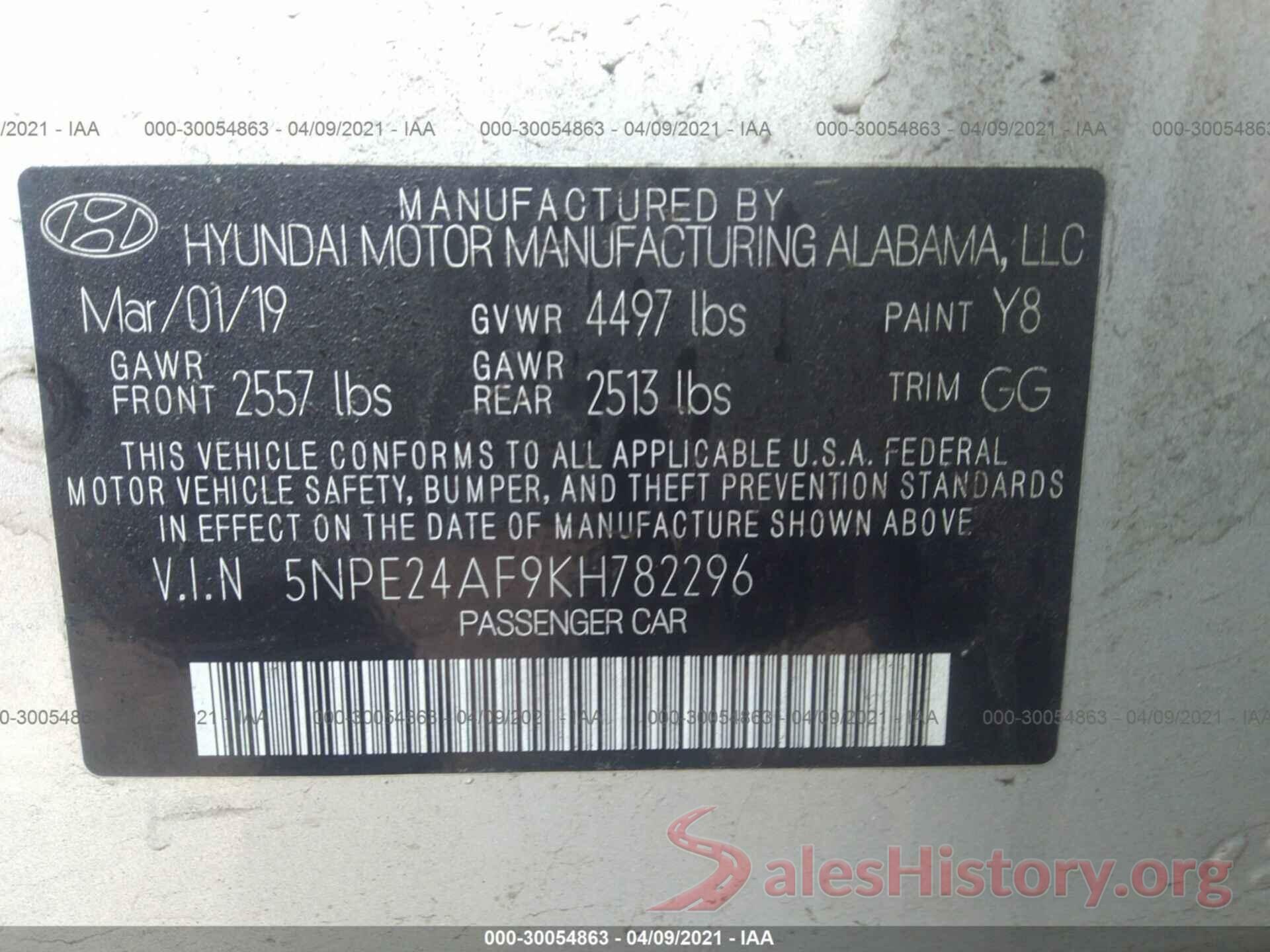 5NPE24AF9KH782296 2019 HYUNDAI SONATA