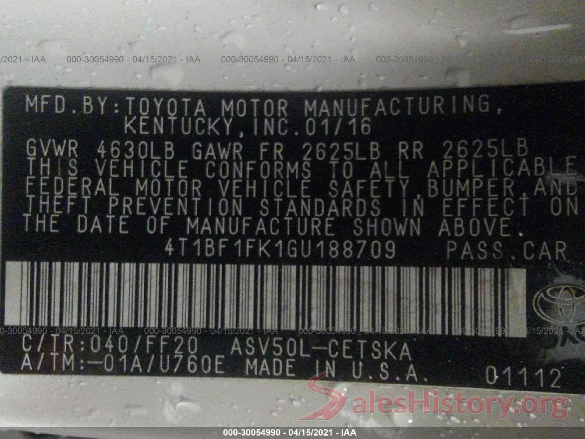 4T1BF1FK1GU188709 2016 TOYOTA CAMRY