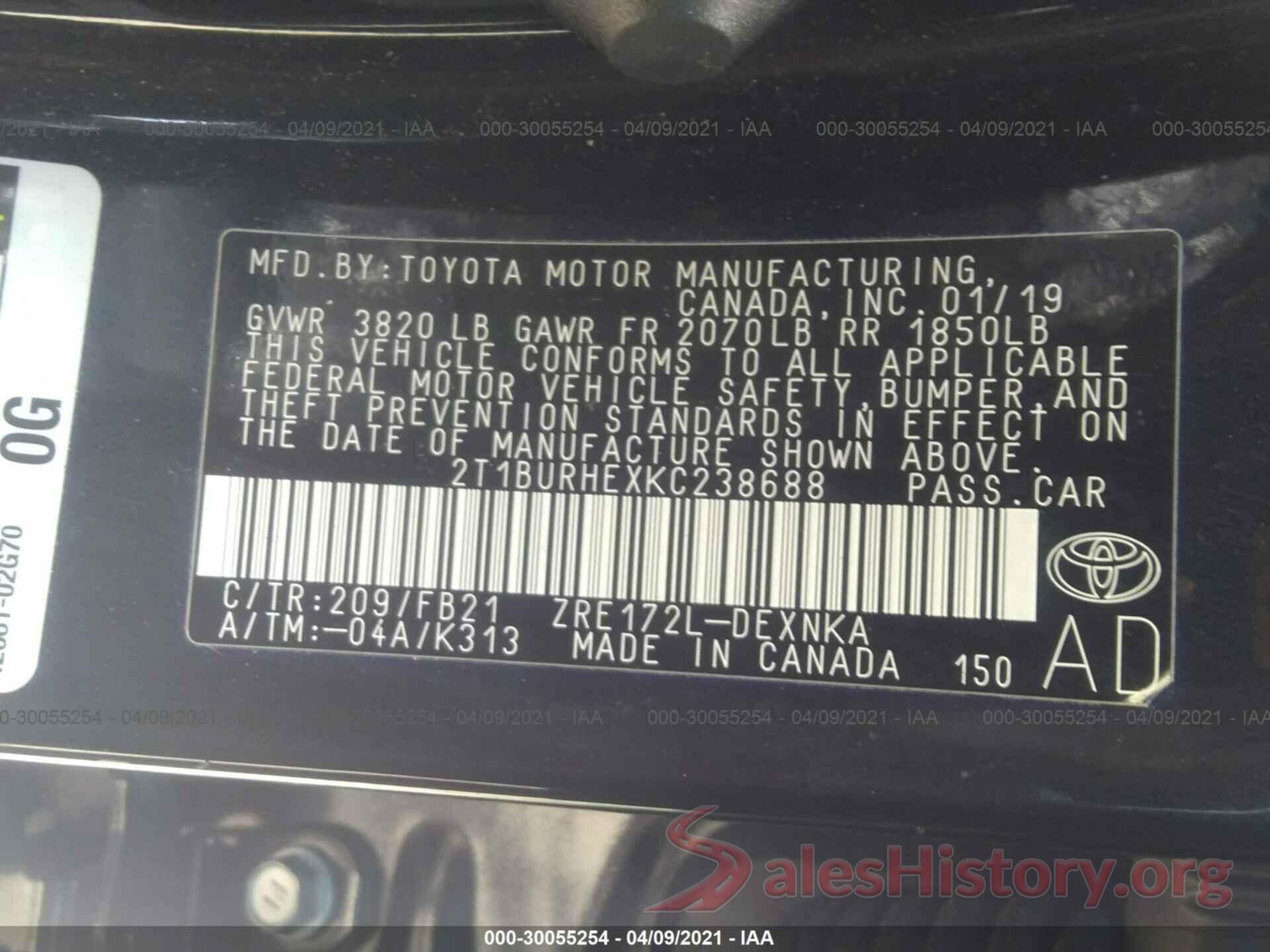 2T1BURHEXKC238688 2019 TOYOTA COROLLA