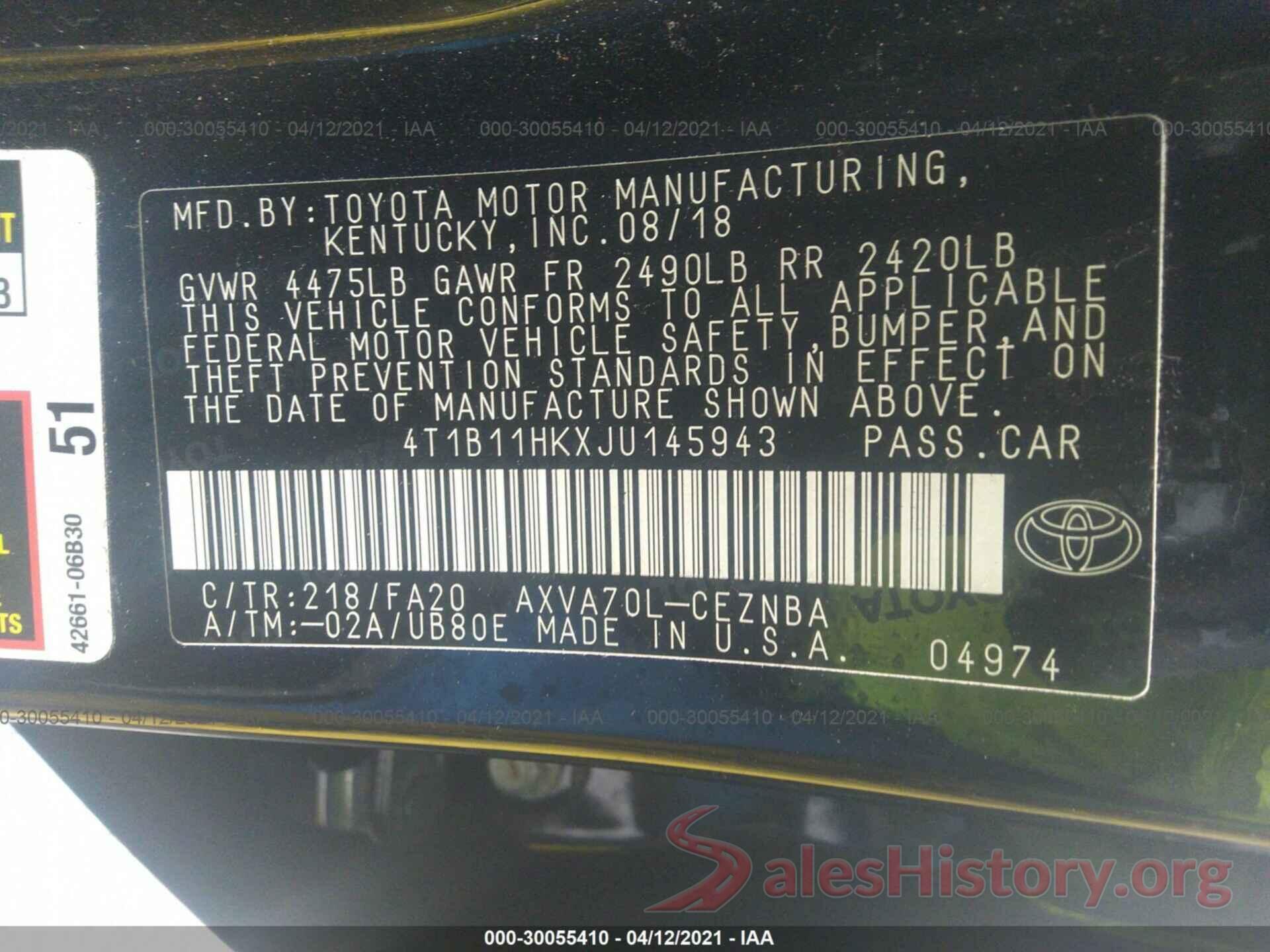 4T1B11HKXJU145943 2018 TOYOTA CAMRY