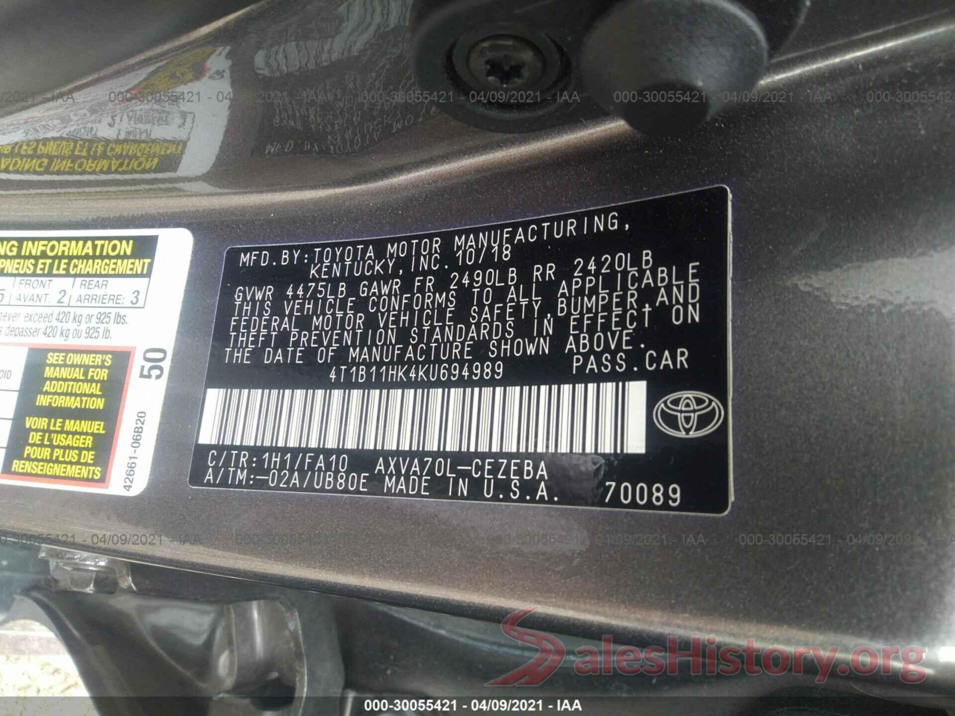 4T1B11HK4KU694989 2019 TOYOTA CAMRY