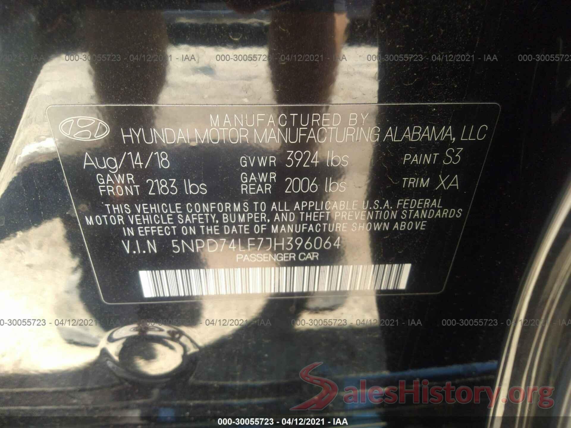 5NPD74LF7JH396064 2018 HYUNDAI ELANTRA