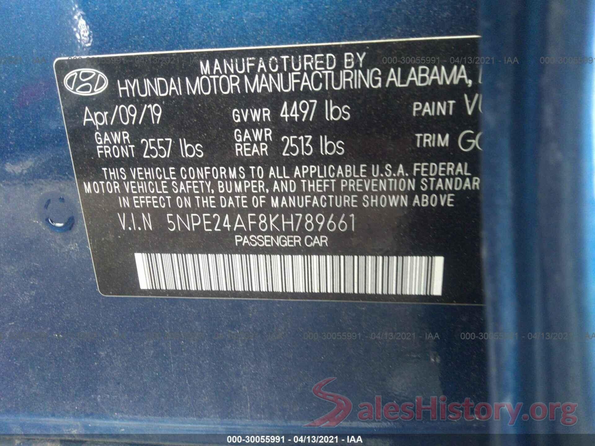 5NPE24AF8KH789661 2019 HYUNDAI SONATA